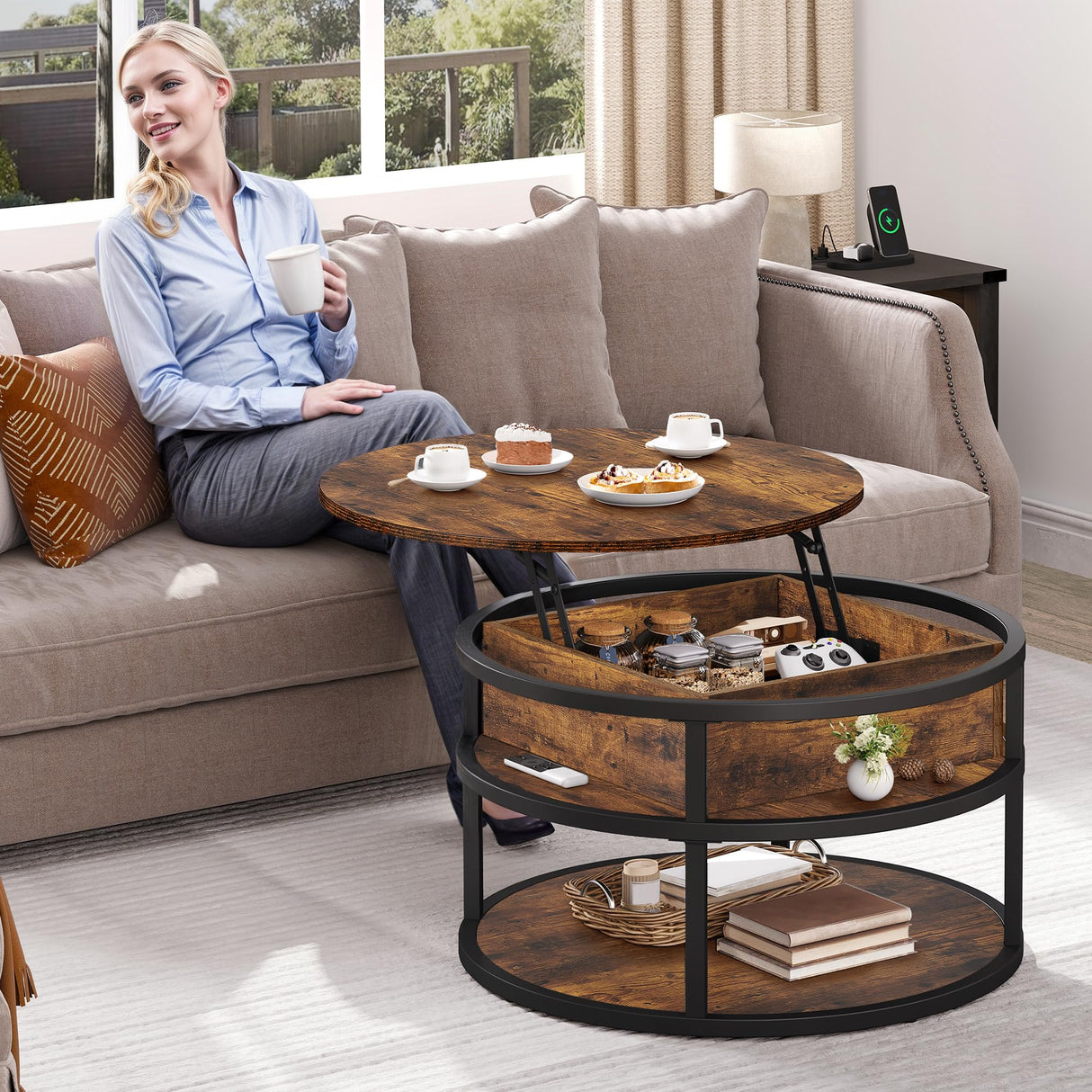 DWVO Round Lift Top Coffee Tables for Living Room, Circle Coffee Table with Storage & Hidden Compartment, Farmhouse Wood Coffee Tables with Lifting up Living Room for Home Office Samll Table, Brown DWVO