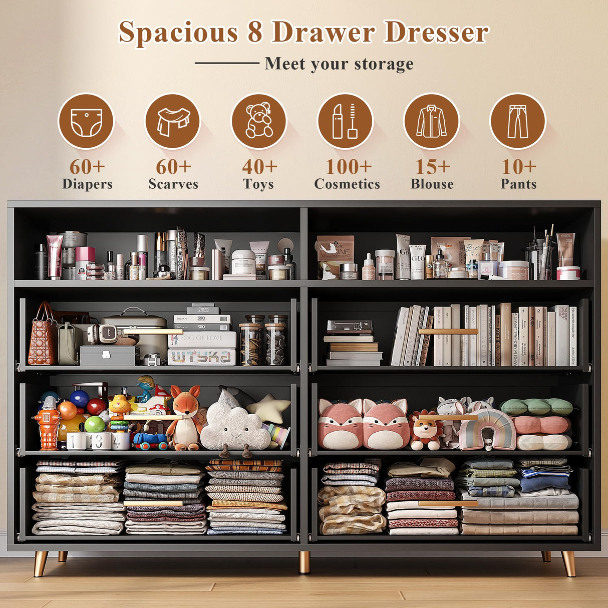 EnHomee Black Dresser with LED Lights, Wood Dresser for Bedroom with Wide Large Drawers and Metal Handles, Elegant Chest of Drawers for Clothes Storage Living Room Hallway Entryway, 47.2" W EnHomee