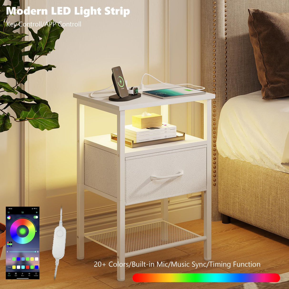 TRIFEBLE Night Stand Set 2, End Table with Charging Station, LED Bedside Table with Fabric Drawer for Bedroom, 3-Tier Side Table with Open Shelf, White TRIFEBLE