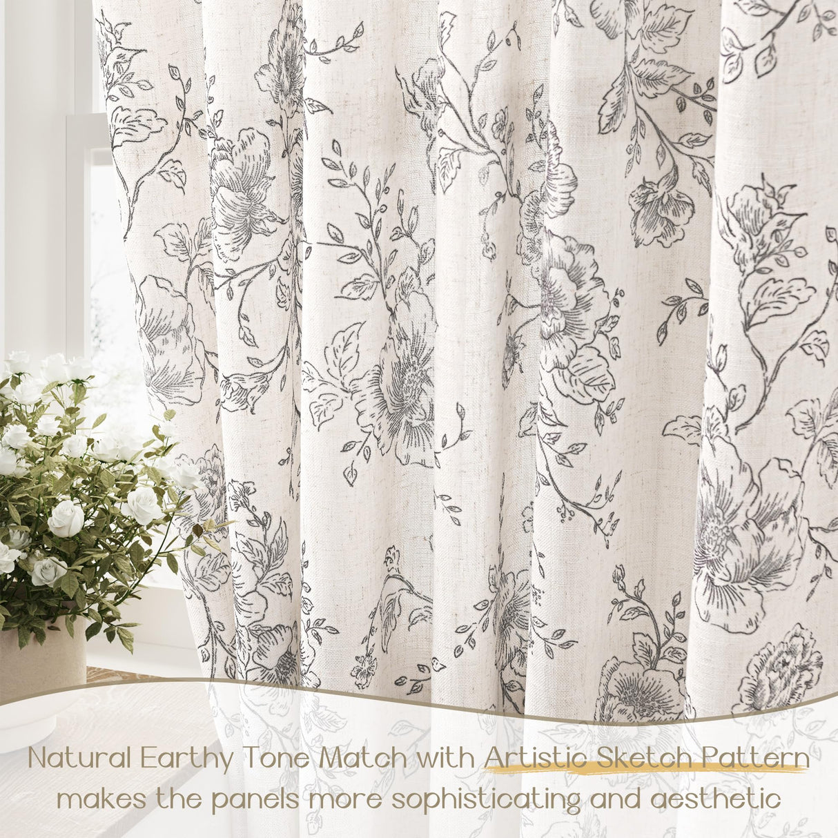 Floral Linen Curtains 108 inch Length for Living Room Black and Cream Patterned Curtains Sketch Print Burlap Textured Rustic Farmhouse Country Curtains Shabby Chic Extra Long Floral Drapes 9 FT Meikelor