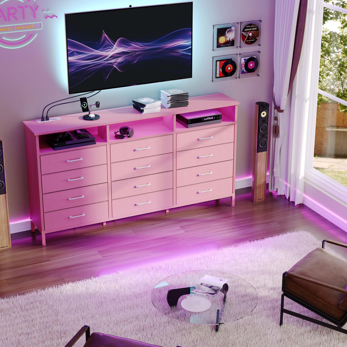 Dresser for Bedroom Bedroom Pink Dresser with LED Lights and Charging Station, 12 Long Fabric Drawers Dressers, Tall Wide Chest of Drawers Storage Organizer TV Stand for up to 65" TV for Living Room SOOWERY