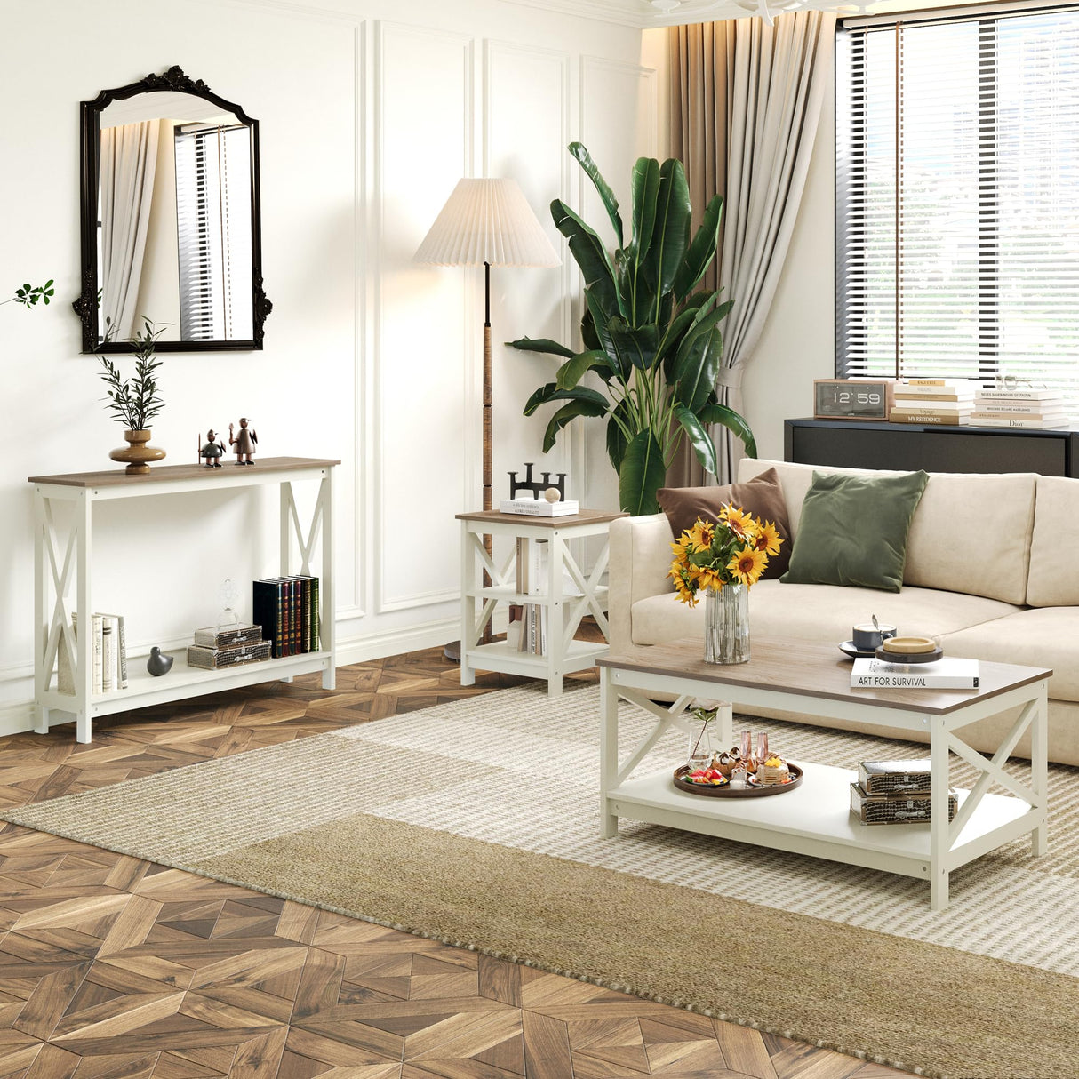 Sophia & William Farmhouse Coffee Table with Storage Shelf for Living Room, Ivory Sophia & William