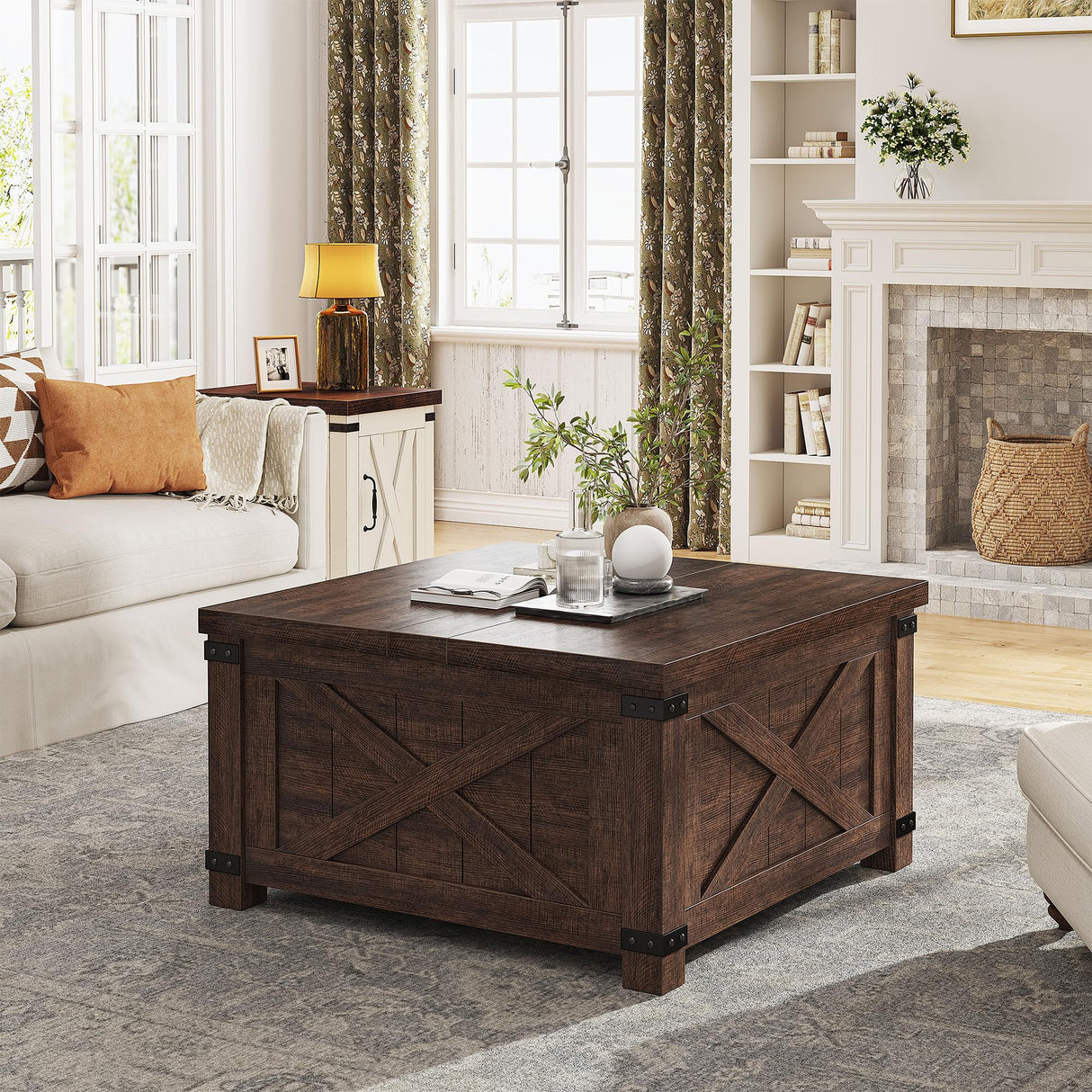 EnHomee 35.7" W Farmhouse Coffee Table with Storage, Large Square Coffee Table for Living Room, Wood Coffee Table with Flip-Top Lids, Coffee Tables with Hinged Lift Top, Brown EnHomee