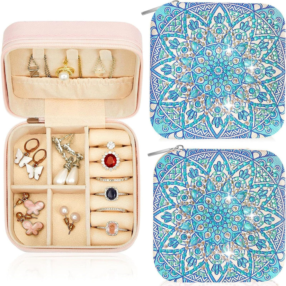 ARTopet 2PcsDIY Diamond Art Painting Jewelry Bag with Zipper Mandala Large Capacity Organizer Storage Box Special Shaped Crystal Rings Necklace Bracelet Gift Case for Women Girls ARTopet