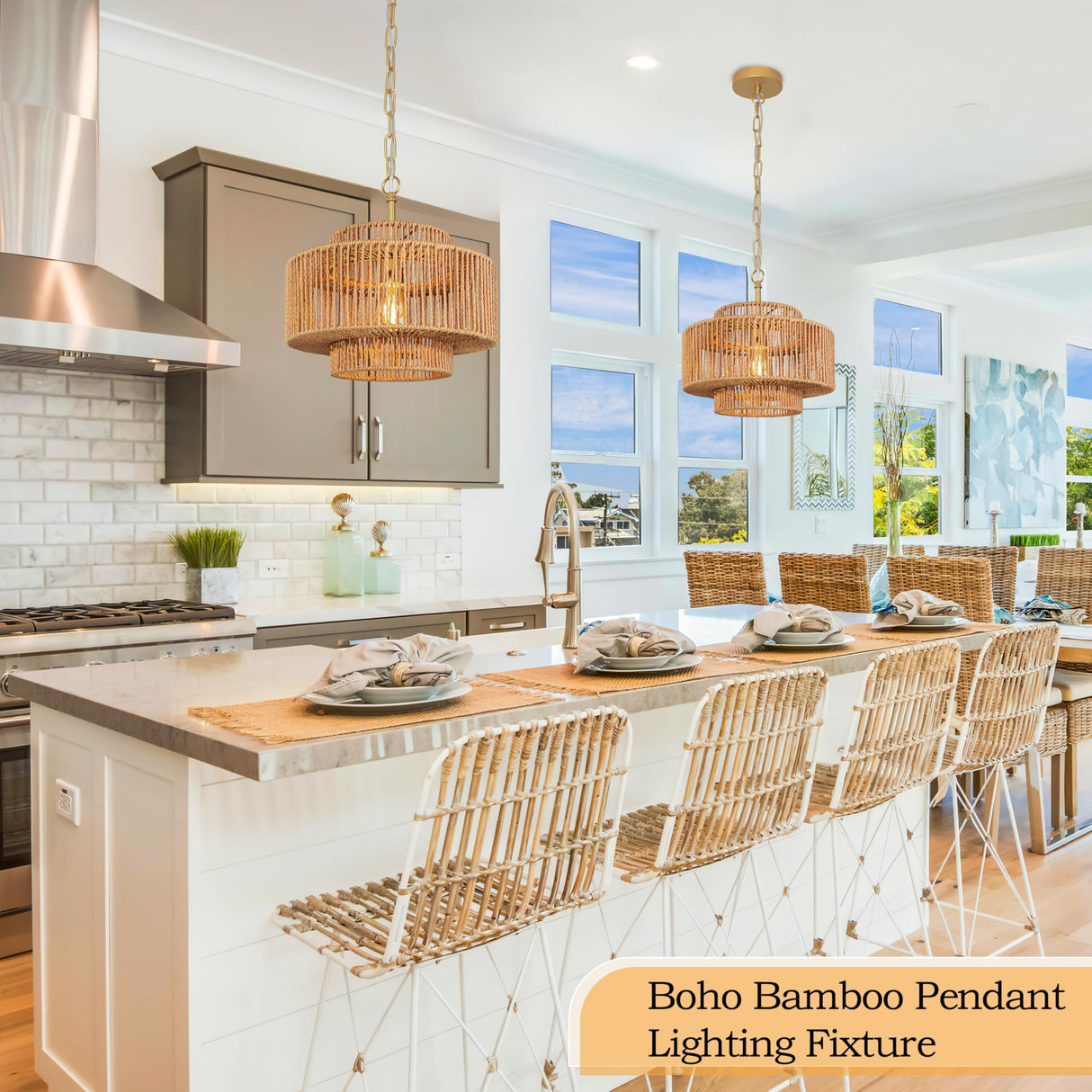 Bagood 12.4" Rattan Chandelier 1 Light Woven Rattan Pendant Light Boho Wicker Pendant Lighting Fixture Farmhouse Chandelier Light Fixture 3-Tier Drum Wicker Rattan Golden Chandelier for Dining Room Bagood