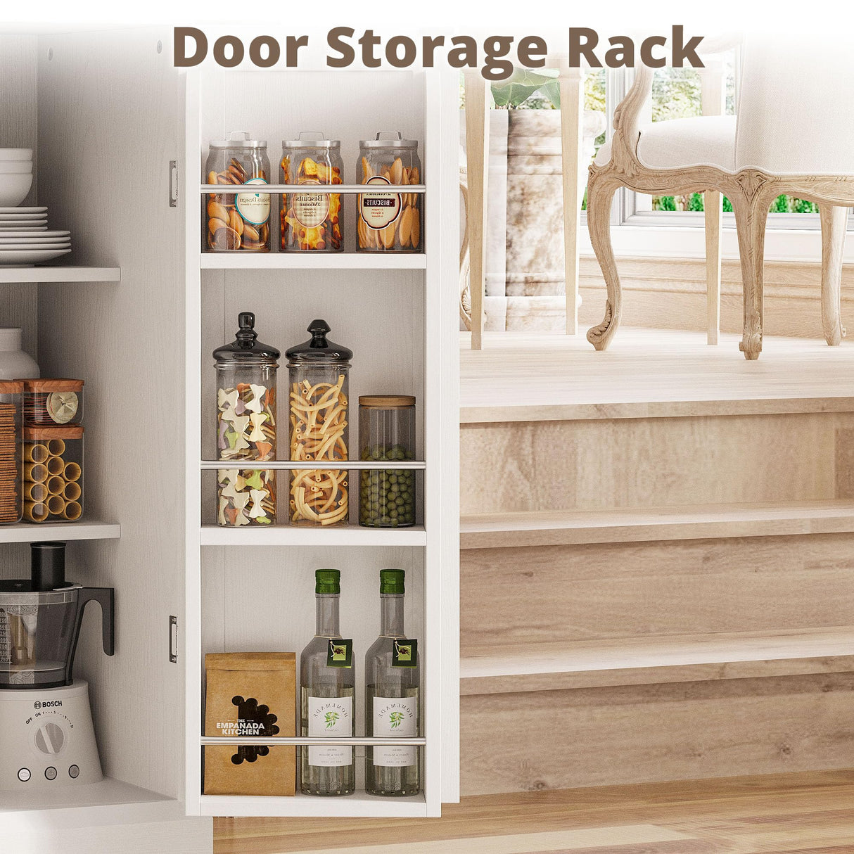 IRONCK Farmhouse Kitchen Pantry Cabinet, Kitchen Hutch Cabinet with Microwave Stand, Tall Food Pantry Cabinet with Storage Drawers and Adjustable Shelf for Kitchen, Dining Room, White IRONCK