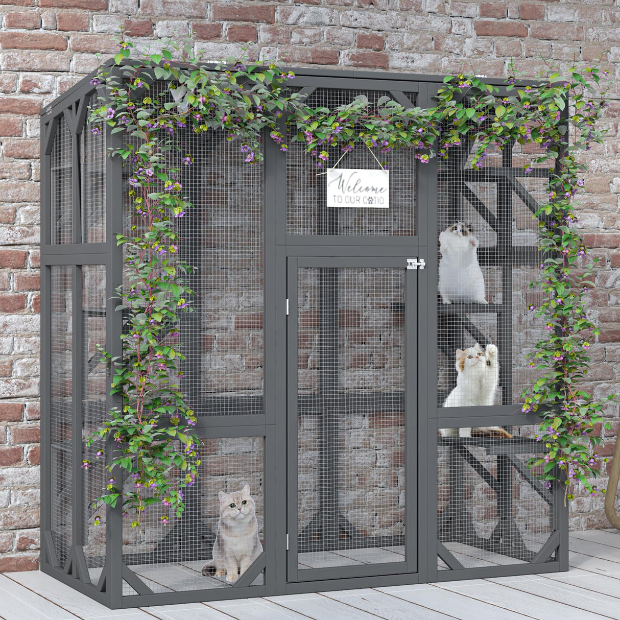 YOPTO 59" Wooden Catio Enclosure Outdoor Cat House with Anti-UV& Waterproof, Platforms and Resting Boxes Walk-in Cat Kennel Shelter for Indoor,Dark Grey Ball & Cast