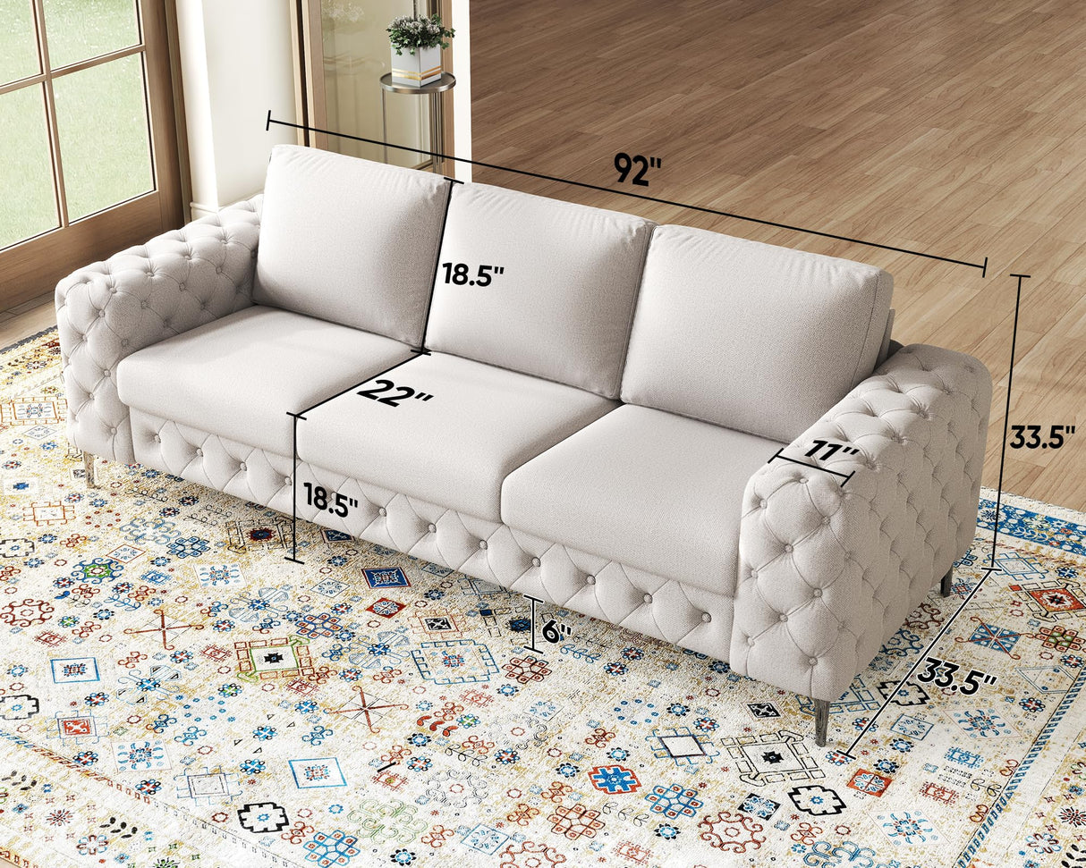VanAcc Modern Sofa, 92 inch 3 Seater Sofa with Stylish Thick Armrest, Upholstered Button Tufted Couch for Living Room, Apartment, Linen Beige Oversized Couch VanAcc
