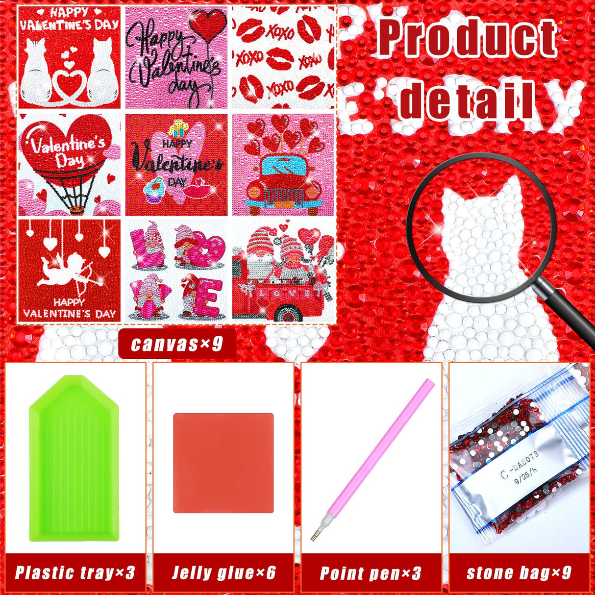 9 Pcs Christmas 5D Diamond Painting Kits - Valentine's Day Round Drill 5D Diamond Heart Craft Handmade Square Drill Diamond Painting Art (Heart Style) Charniol