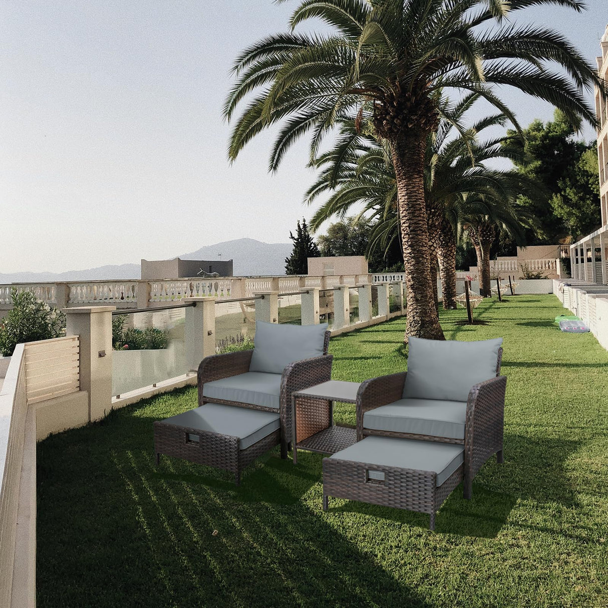 LEVELEVE Balcony Furniture 5 Piece Patio Conversation Set, PE Wicker Rattan Outdoor Lounge Chairs with Soft Cushions 2 Ottoman&Glass Table for Porch, Lawn-Brown Wicker LEVELEVE