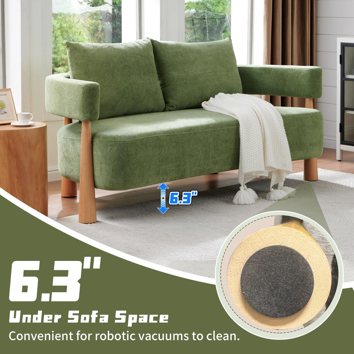 QNZK 67" L Loveseat Sofa, Mid Century Modern Sofa Couch with 2 Pillows, Comfy Chenille Couches, Upholstered Small Sofa for Living Room, Bedroom, Apartment & Office, Easy Assembly, Green QNZK