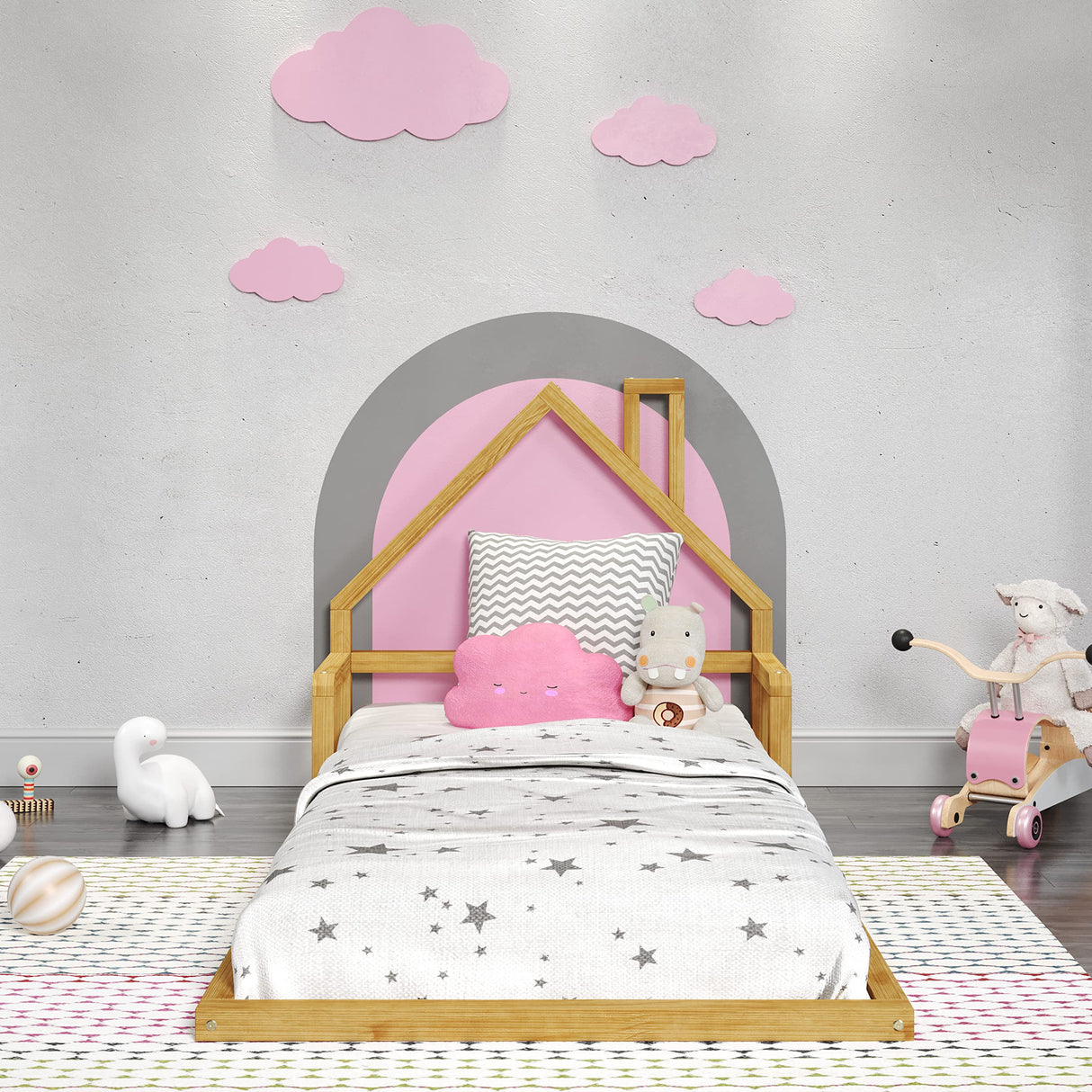 P'Kolino Casita House Twin Floor Bed - Montessori Inspired - Solid FSC Certified Solid Wood Floor Bed - Natural Wood P'Kolino