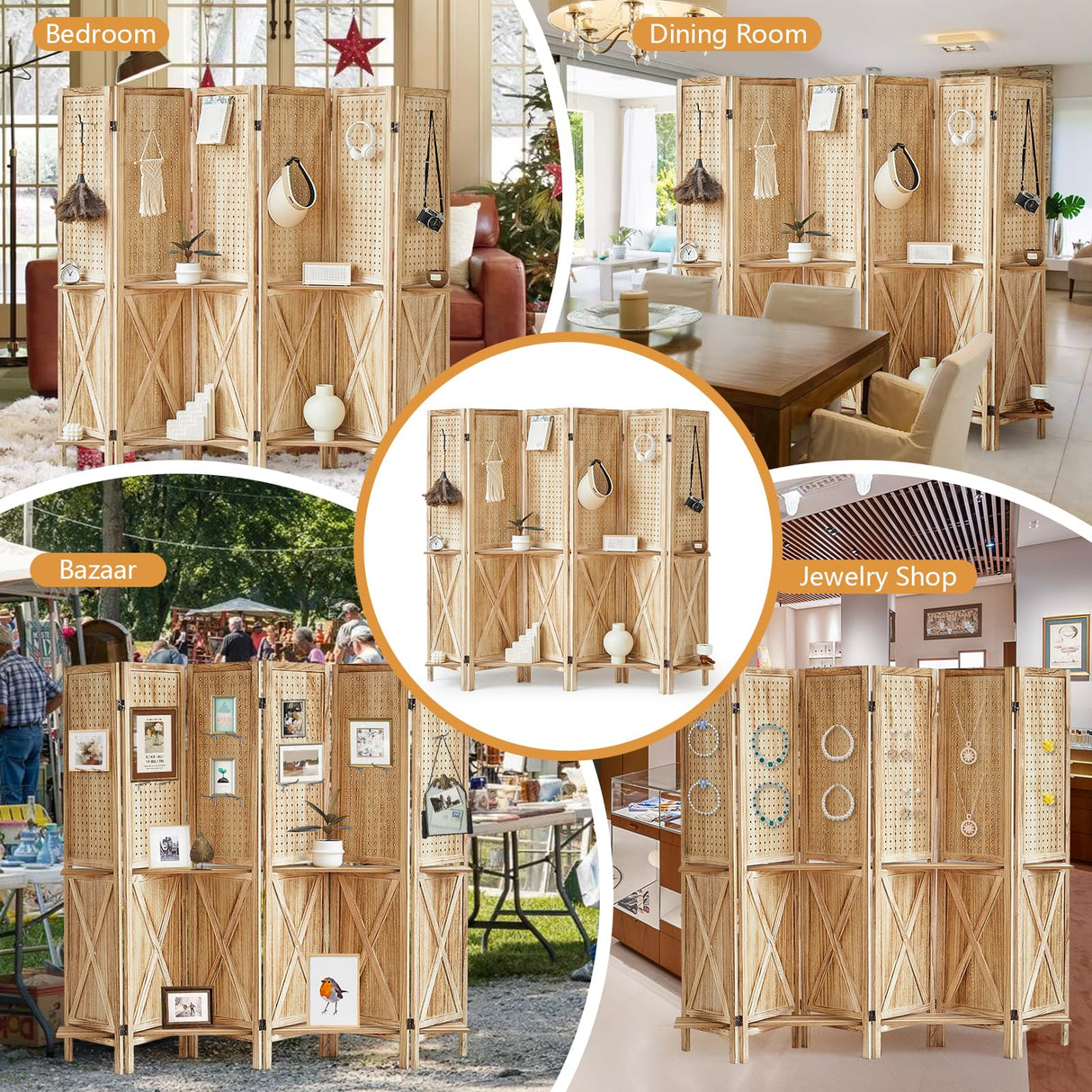 Aletheiawu 6 Panel Room Divider with Shelves, Wooden Pegboard Room Dividers, 5.6Ft Room Partitions and Dividers, Room Divider Panel with 24 Hooks for Bedroom, Study, Shop, Natural Color Aletheiawu