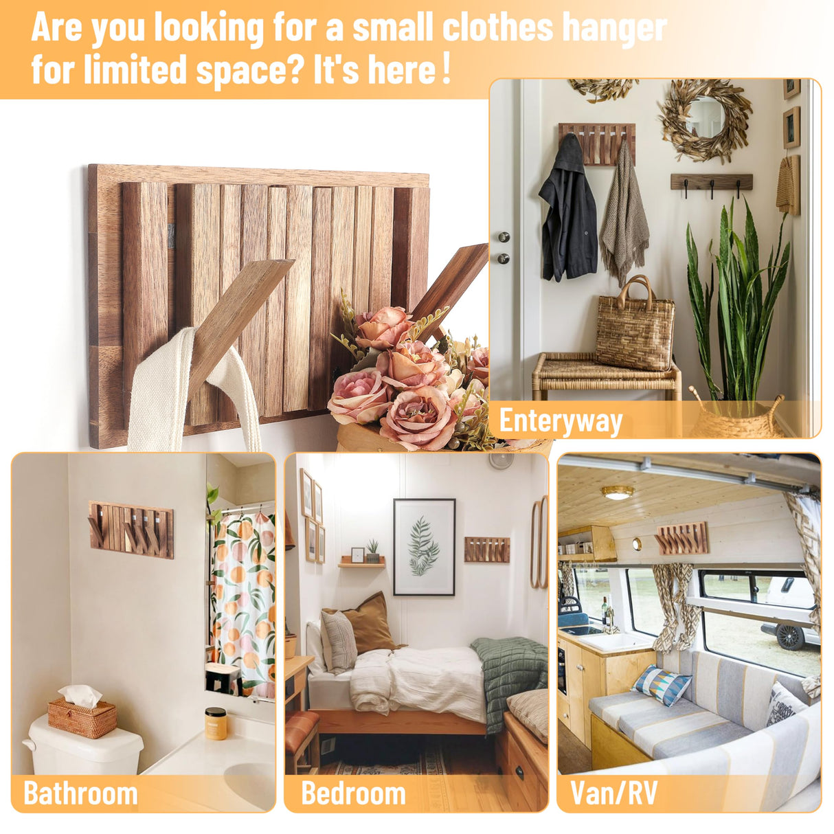 KYIAANY Coat Rack Wall for Farmhouse: Wood Rustic 6 Hooks Mount 10.4inch Retractable Wall Mounted for Small Spaces Entryway Hallway Bathroom for Hanging Jacket Towel Backpack Bag KYIAANY