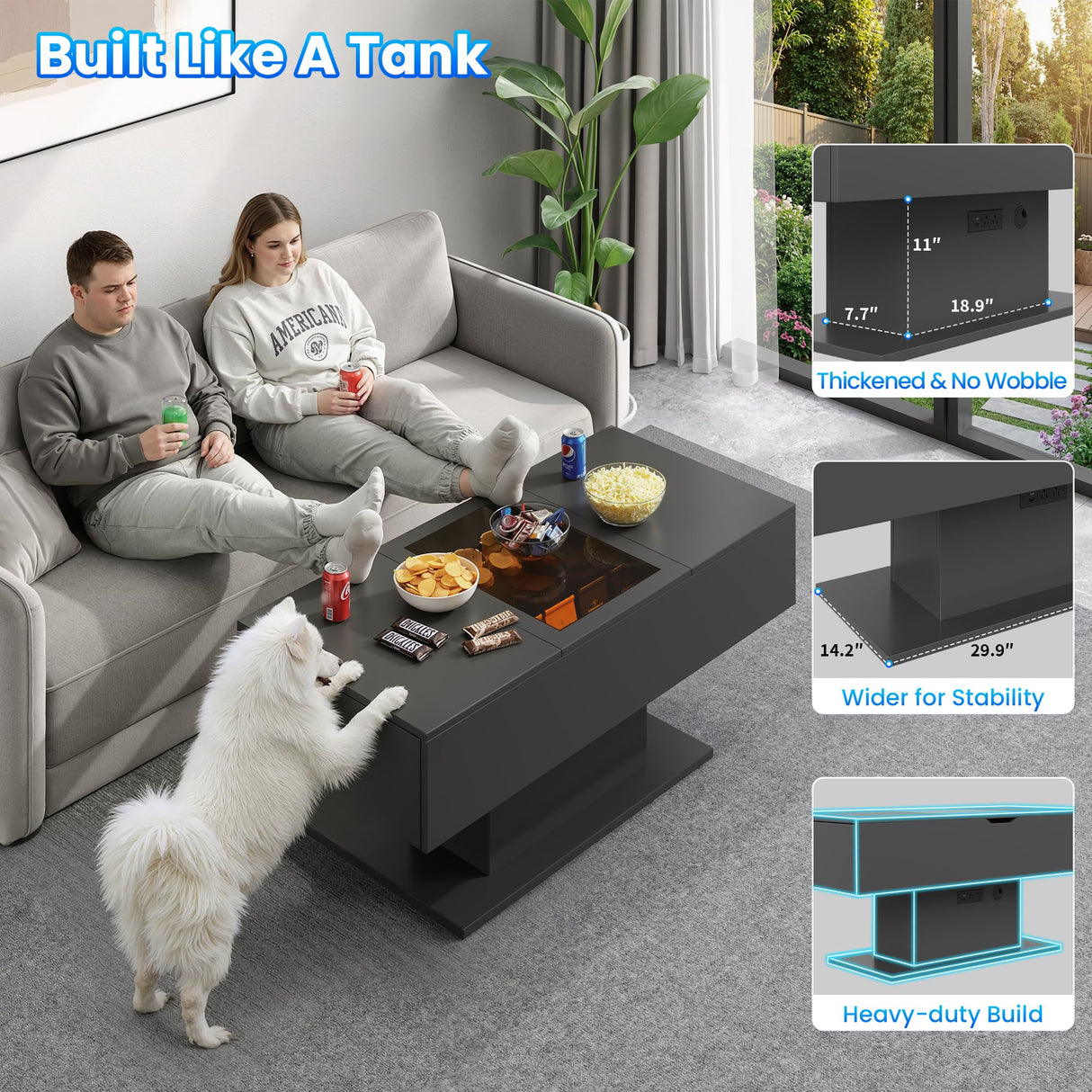 Seetech LED Coffee Table, 44" 3-Drawers Modern Coffee Table with Storage and Charging Station, for Living Room, Black Seetech