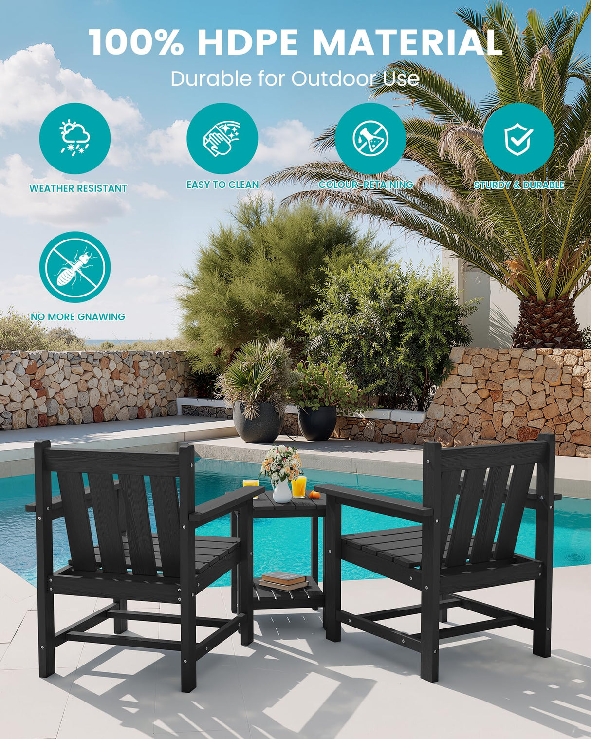 SERWALL 3 Pieces Patio Bistro Set, All Weather Adirondack Chair Set with Side Table, HDPE Material Outdoor Patio Furniture Set for Balcony, Porch, Garden, Backyard- Black SERWALL