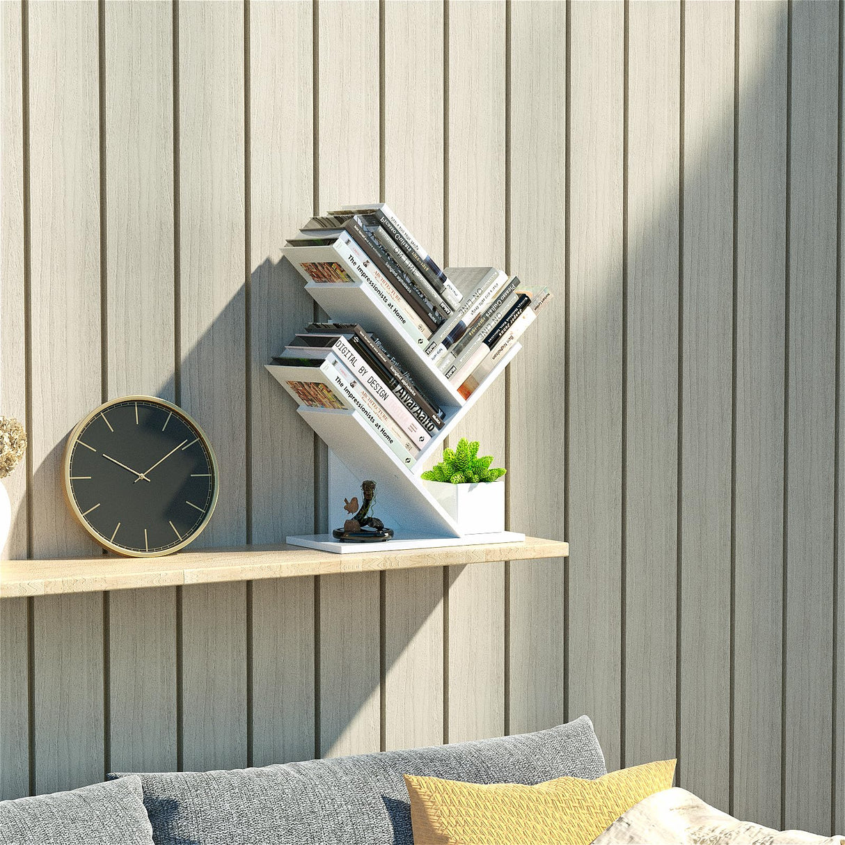 R RUISHENG 3 Tier Small Tree Bookshelf Storage Organizer Shelves Floor Standing Bookcase Desk Wood Storage Rack for Home Office Living Room Bedroom Display for Book Magazine CD manga Warm White R RUISHENG