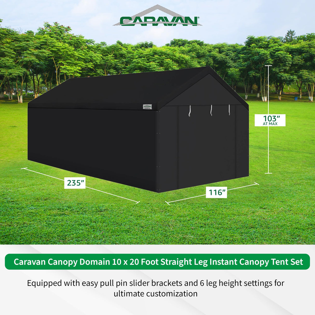 Caravan Canopy Domain 10 x 20 Foot Durable Portable Garage Carport Canopy Car Tent Sidewalls with Dual Zippers and Roll Up Door, Black (Anchor/Mounting Materials + Sidewalls Included) Caravan