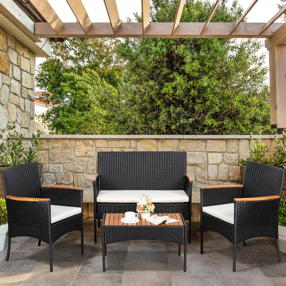 JAMFLY Patio Furniture Set 4 Piece Conversation Set Outdoor Wicker Rattan Chairs Backyard Pool Garden Porch Balcony Patio Loveseat with Cushions and Table, Black/Beige JAMFLY