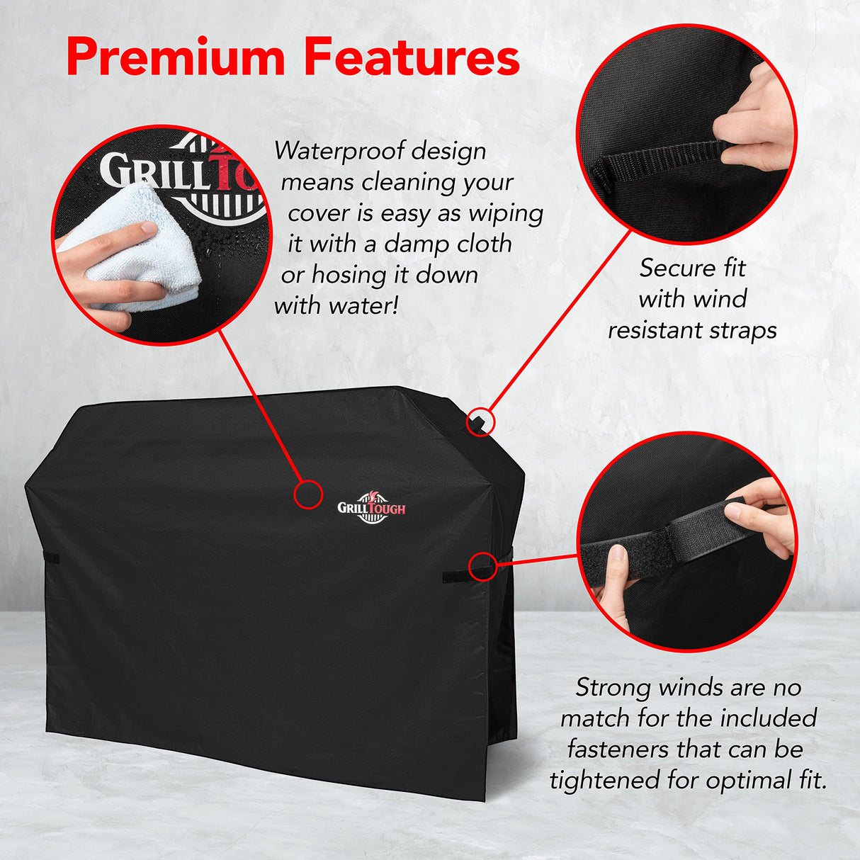 GrillTough Heavy Duty BBQ Grill Cover for Outdoor Grill, 58 Inch – Waterproof, Weather Resistant, UV & Fade Resistant with Adjustable Straps – Gas Grill Cover for Weber, Genesis, Charbroil, etc. Black GrillTough