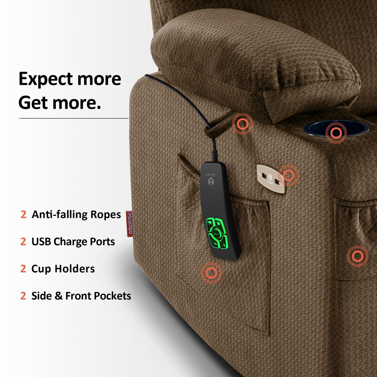 MCombo Dual Motor Power Lift Recliner Chair with Massage and Heat for Elderly People, Infinite Position, USB Ports, Cup Holders, Fabric 7680 (Large-Regular, Brown) MCombo