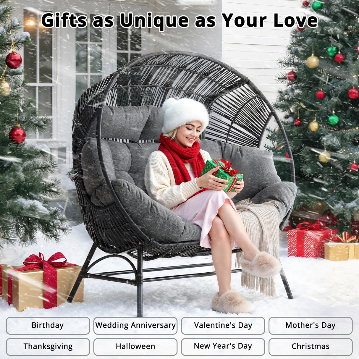 IRONCK 2 Person Egg Chair Outdoor Indoor, Oversized Double Wicker Lounge Chair, Thickened Padded Cushions and Headrests, 680Lbs Egg Loveseat for Patio, Balcony, Living Room, Porch, Gray IRONCK