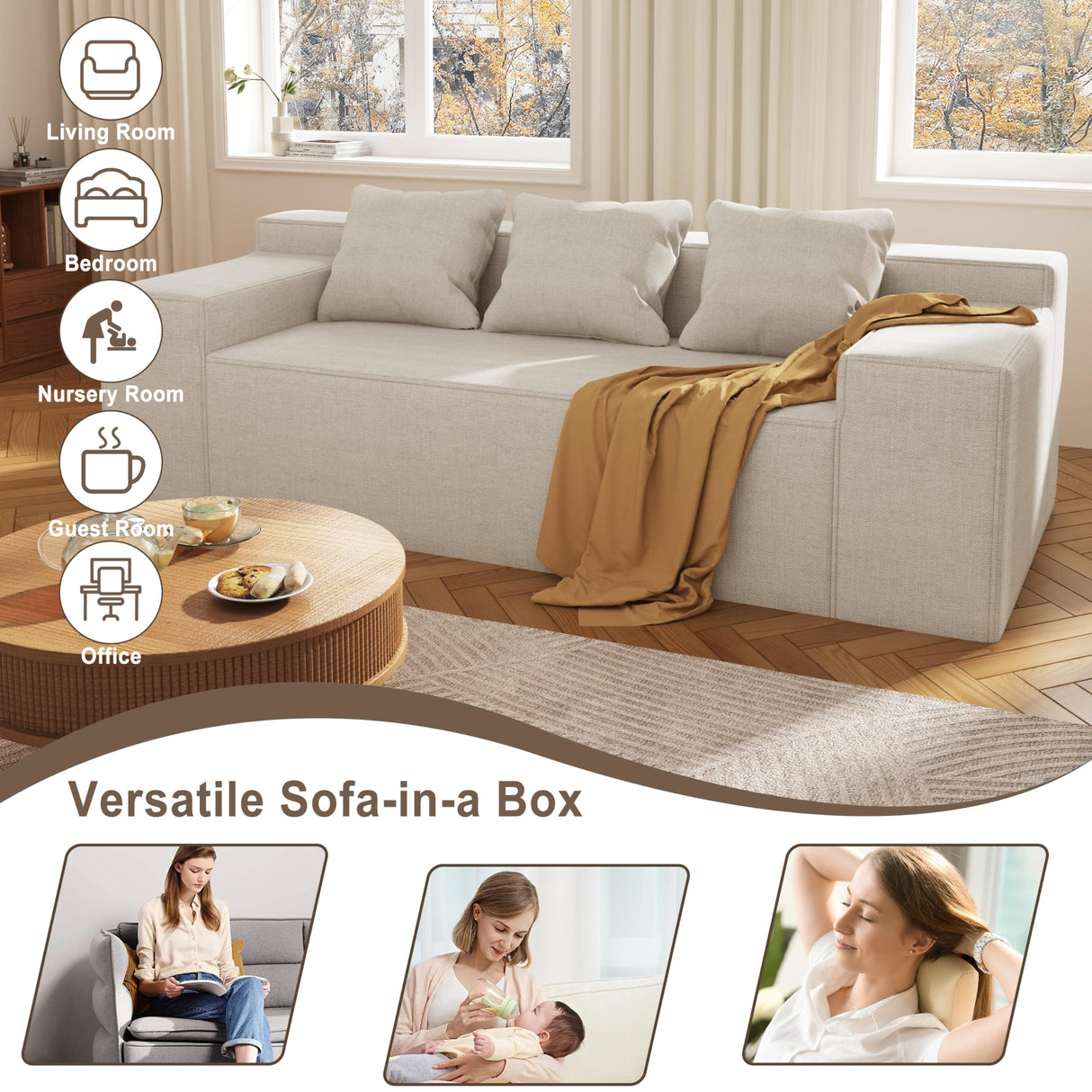 Modern 3-Seater Sofa, Hybrid Sofa in a Box, No Assembly Required, Comfy Sofa Couch with 3 Matching Pillows, Cat-Scratch Resistant Linen, Couch for Living Room or Bedroom, Beige PurrJoys