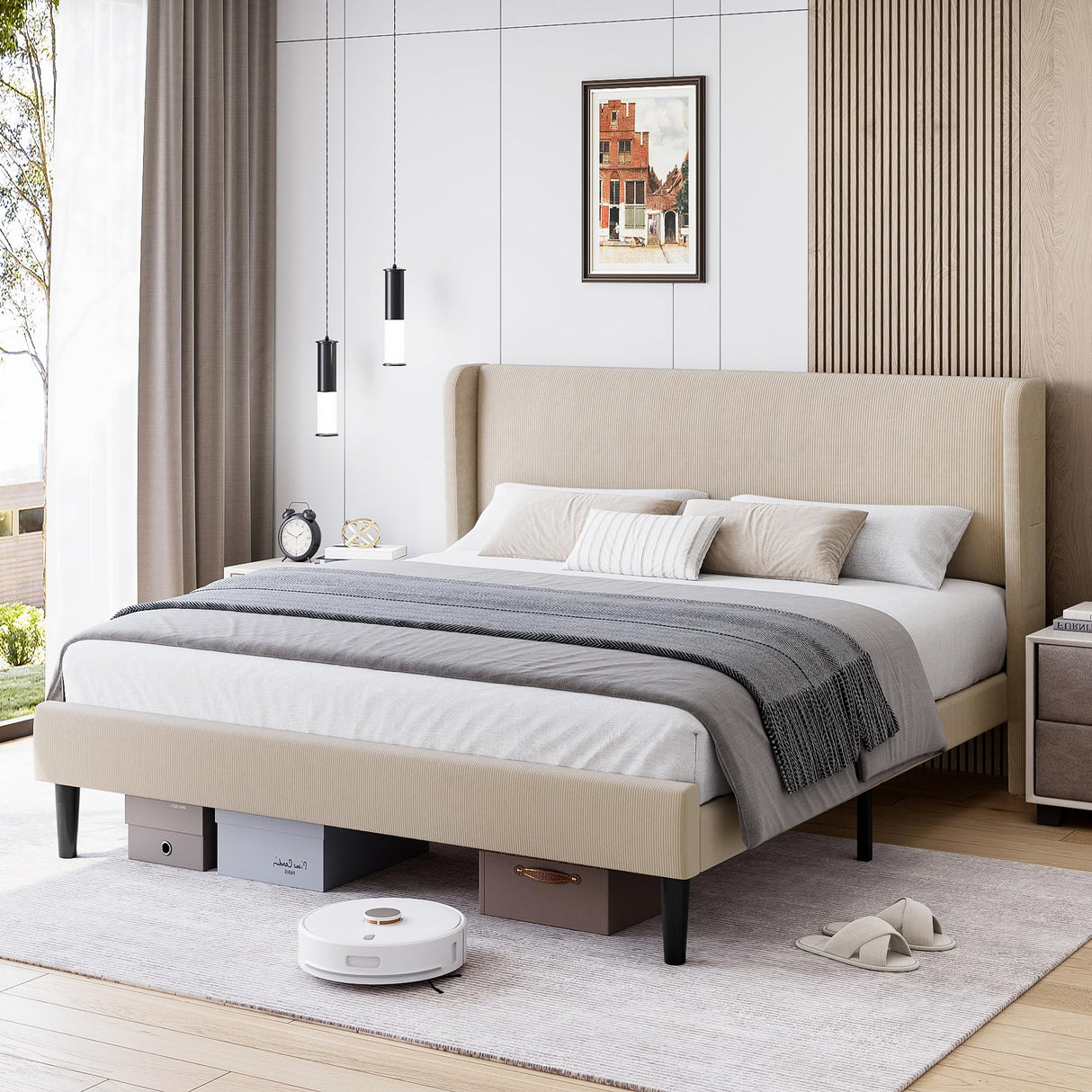 IDEALHOUSE Queen Upholstered Bed Frame with Wingback Headboard, Luxurious Velvet Upholstery Platform Bed, Wooden Slat Support, and Easy Assembly - Box Spring Optional, Beige IDEALHOUSE