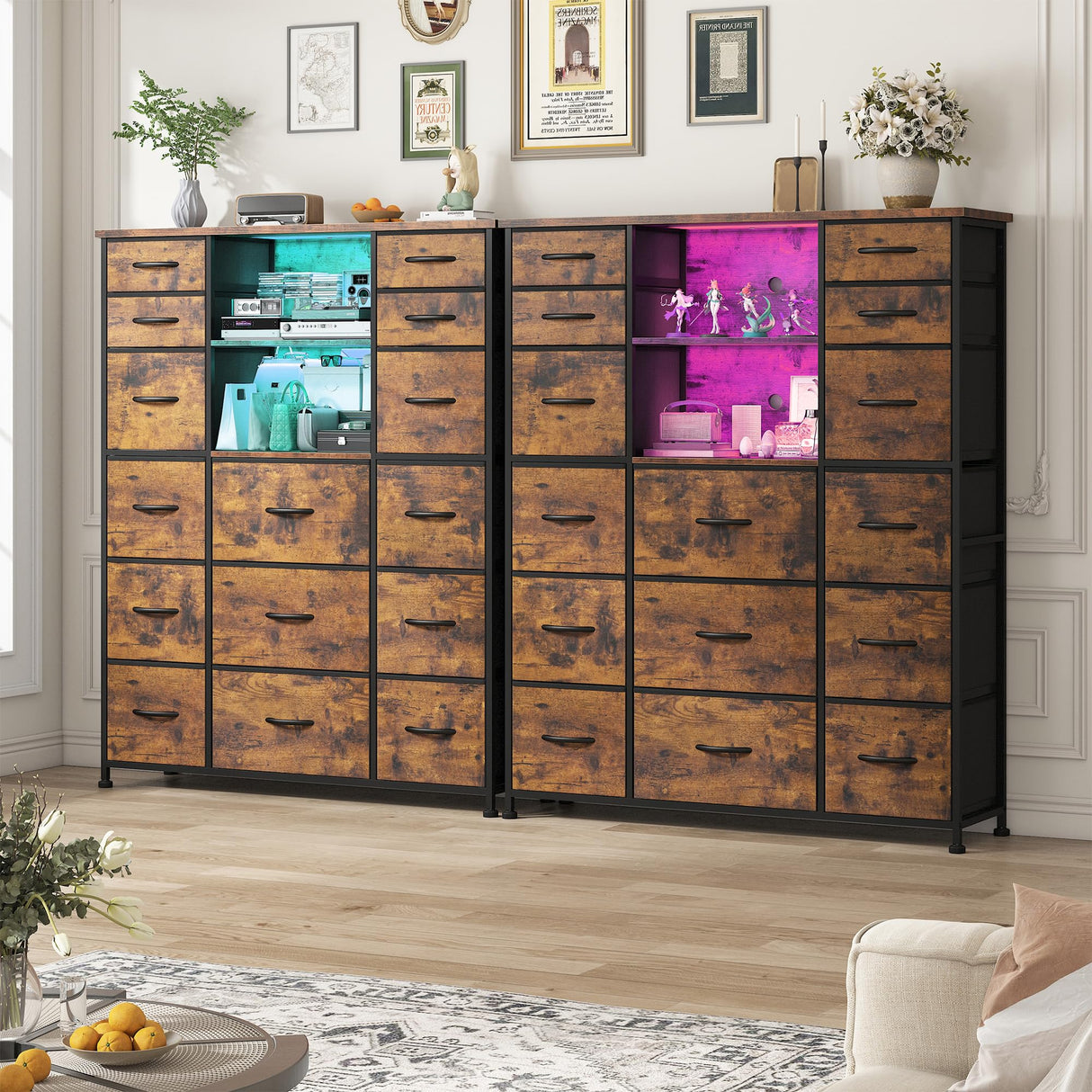 EnHomee 15 Drawer Dresser for Bedroom with Hutch 51" H Tall Dressers with Charging Station & LED Lights Sturdy Fabric Bedroom Dresser,Steel Frame, Wood Top, Rustic Brown, 51.2" H x 39.3" W x 11.8" D EnHomee