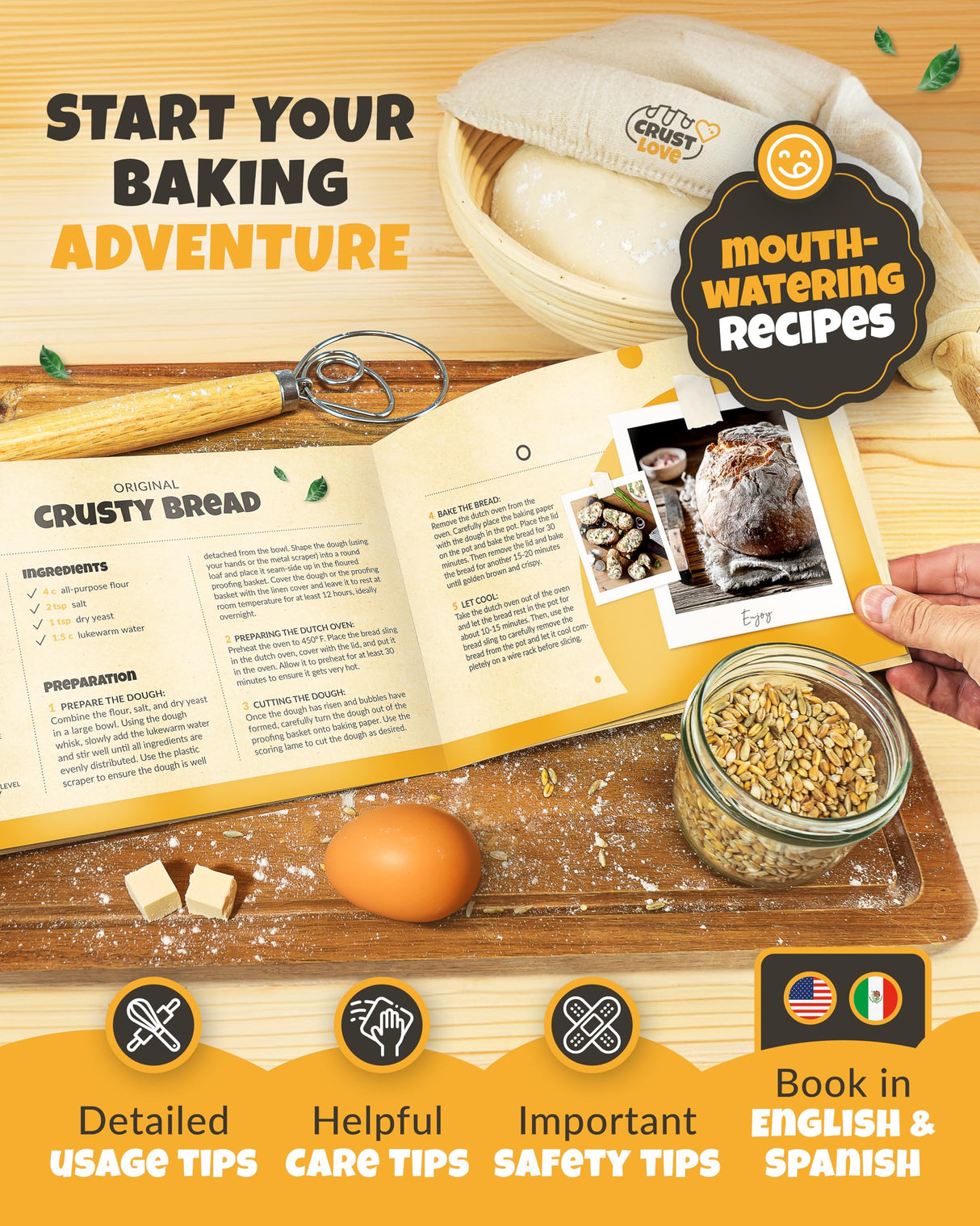 Crustlove Cast Iron Dutch Oven for Bread Baking - incl. Sourdough Bread Baking Supplies like Banneton Bread Proofing Basket - 5QT Cast Iron Bread Oven with Lid Bread Banking Pan Pot Scoring Tool Lame CRUSTLOVE