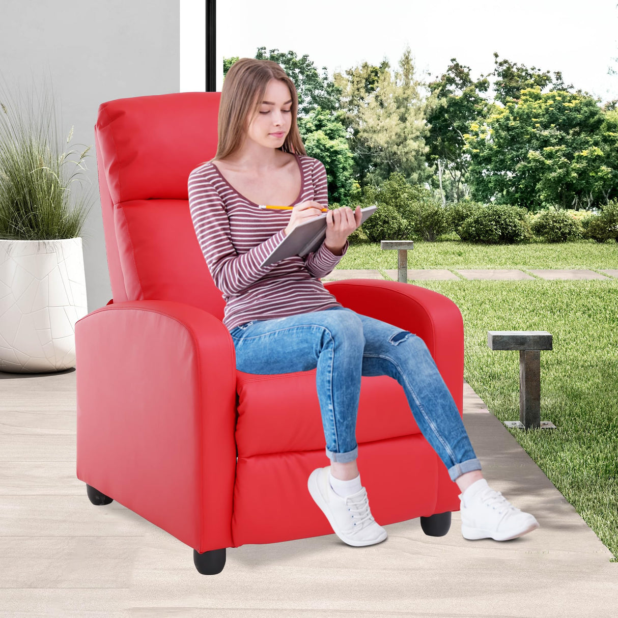 MKDLUFEI Adult Recliner Chair PU Leather Massage Recliner Sofa with Lumbar Support, Push Back, Armrests, Footrest, Adjustable Home Theater Seating for Living Room Home Theater (Black) (Red) MKDLUFEI