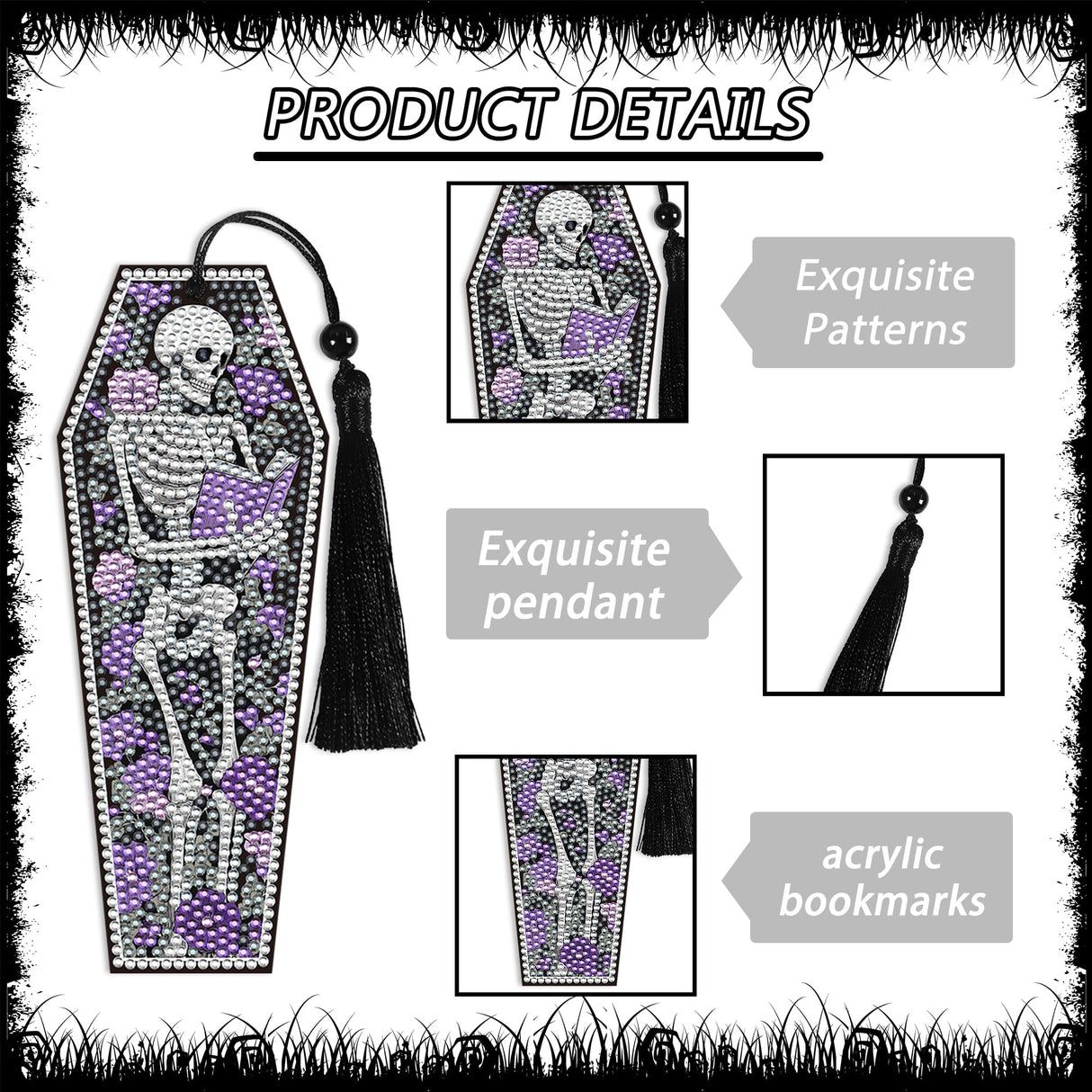 8 Pcs Gothic Skeleton Diamond Art Bookmarks Kit, Skull Halloween Diamond Painting Bookmarks with Tassels for Adults, DIY Horror Book Mark Craft Set for Women Men Reading Lovers CRASHOT
