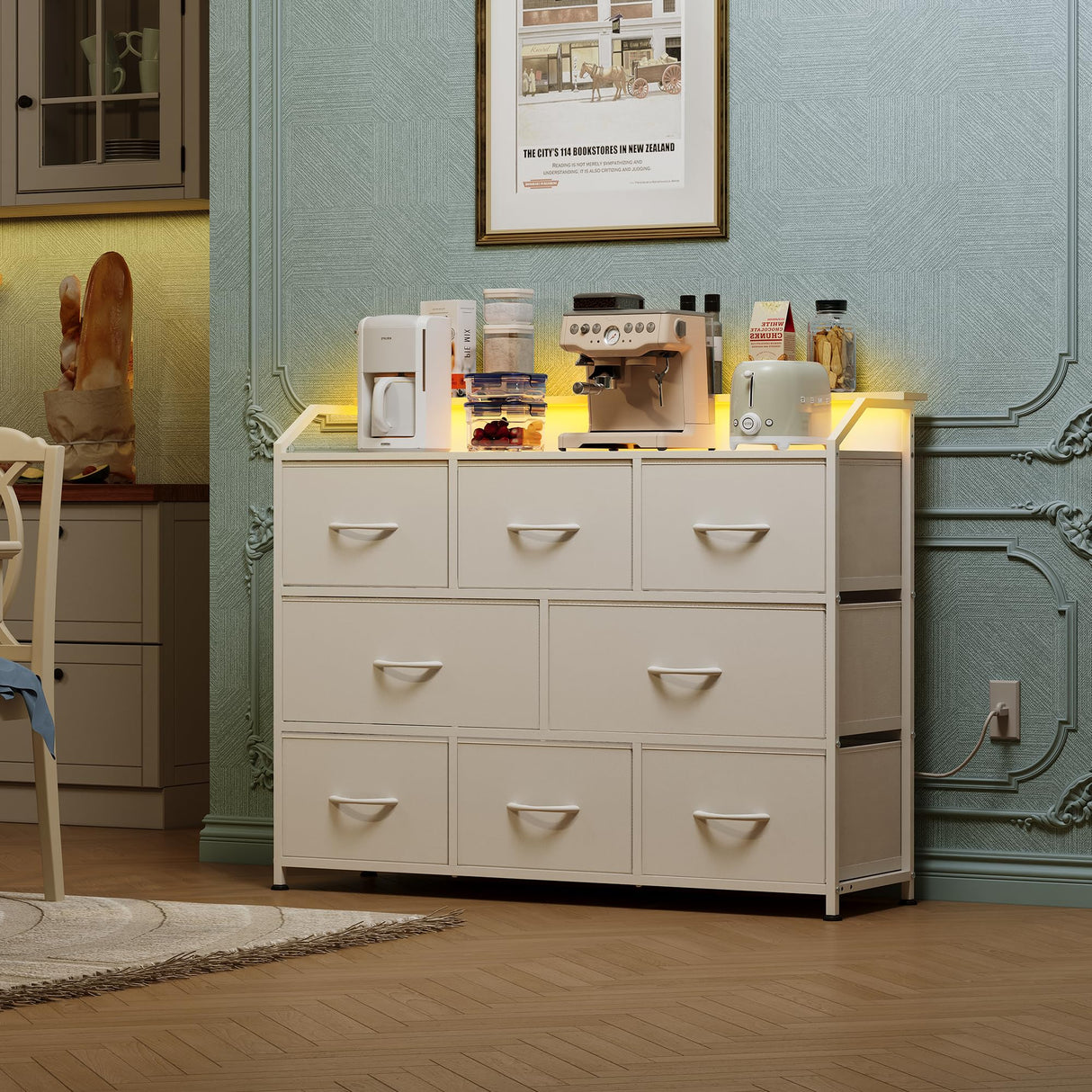 WLIVE Led Dresser for Bedroom, White Dresser TV Stand for Bedroom with LED Lights and Power Outlet, Wide Chest of Drawers for Hallway, 8 Fabric Drawers for Living Room and Entryway, Easy to Assemble WLIVE