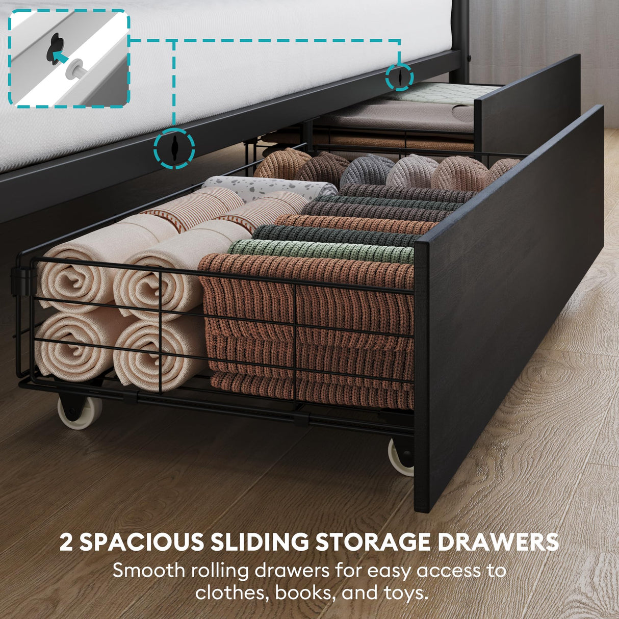 Twin Over Twin Metal Bunk Bed with LED Lights, USB Charging Station, 2 Drawers, Guard Rails & Ladder – No Box Spring Needed, Easy Assembly, Black stasado