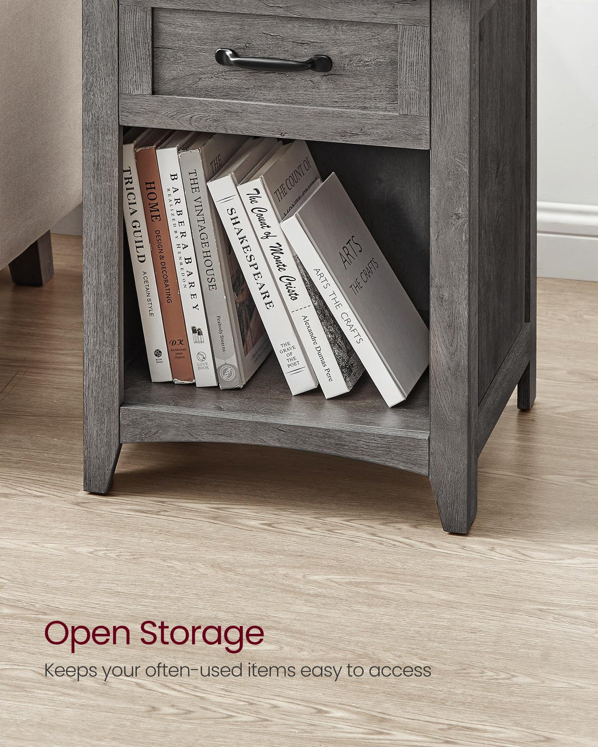 VASAGLE Farmhouse Nightstand with Charging Station, Bedside Table with Drawer, Open Compartment, Side Table with Storage, for Bedroom, Misty Gray ULET659G68 VASAGLE