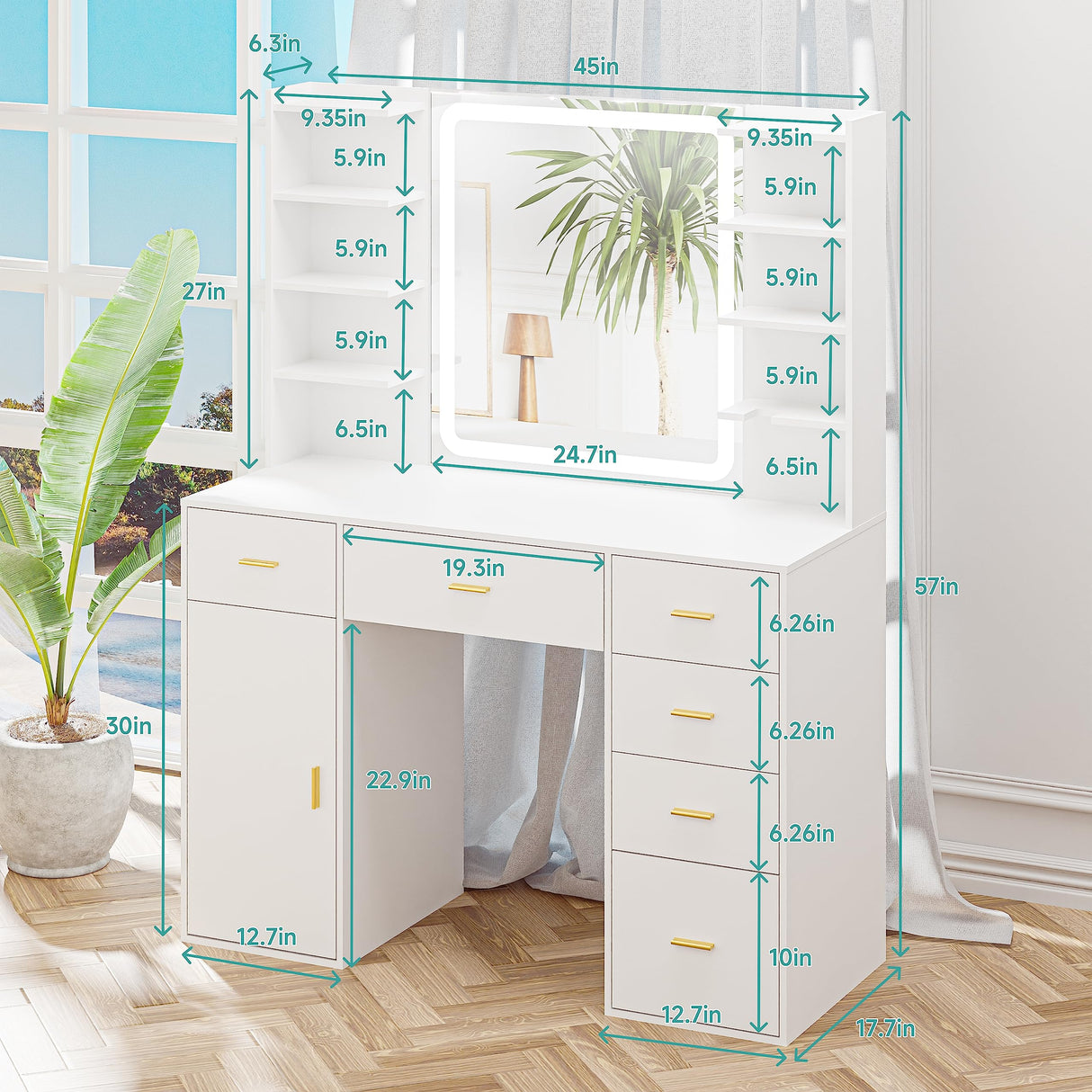 VoirStar Vanity Desk with Mirror & Light, Makeup Vanity with Lights, 6 Drawers Makeup Table with Mirror, 3 Lighting Colors, Dressing Table, Large Storage Vanity Desk with Shelf, White VoirStar