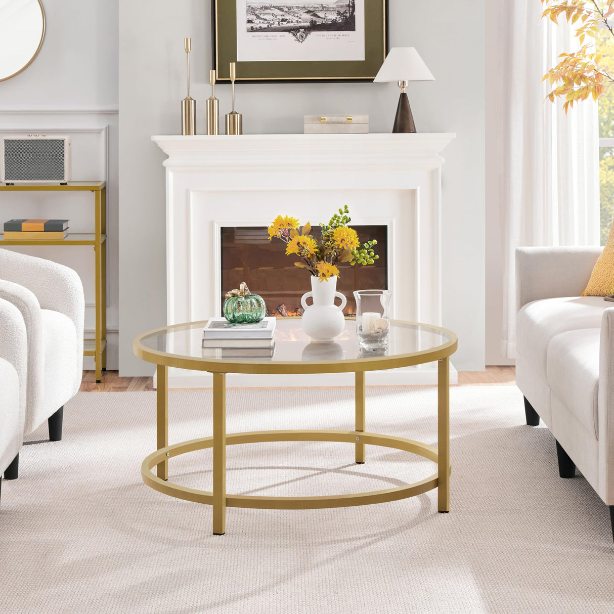 Yaheetech Gold Glass Coffee Table for Living Room, 36" Round Glass Coffee Table with Metal Frame, Circle Coffee Table for Home, Office, Apartment Yaheetech