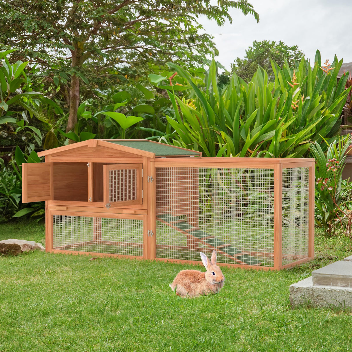 GOJOOASIS Outdoor Rabbit Cage Bunny Hutch Chicken Coop Wooden Hen House Guinea Pig Cages Poultry Pet Hutch Run Cage w/Waterproof Asphalt Roof, Ramp, Wire Fence (60") GOJOOASIS