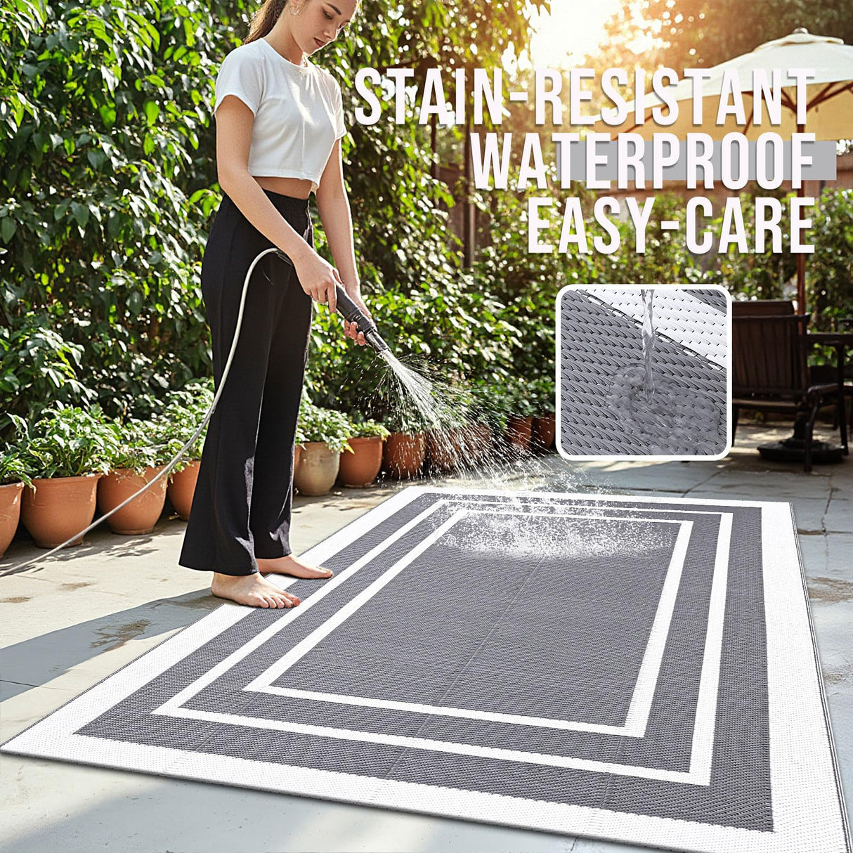 OLANLY Outdoor Rug 5x8 ft Waterproof, Reversible Outdoor Plastic Straw Rug, RV Mat, Indoor Outdoor Carpet Clearance for Patio, Camping, Balcony, Deck, Backyard, Grey & White OLANLY