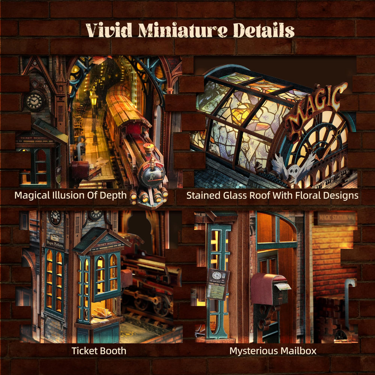 FUNPOLA LED 3D Puzzle Magic Station Book Nook Kit - Interactive 3D Wood Puzzle LED Magical Miniature with Infinite Extension Space - DIY Bookshelf Insert Decor Gifts FUNPOLA