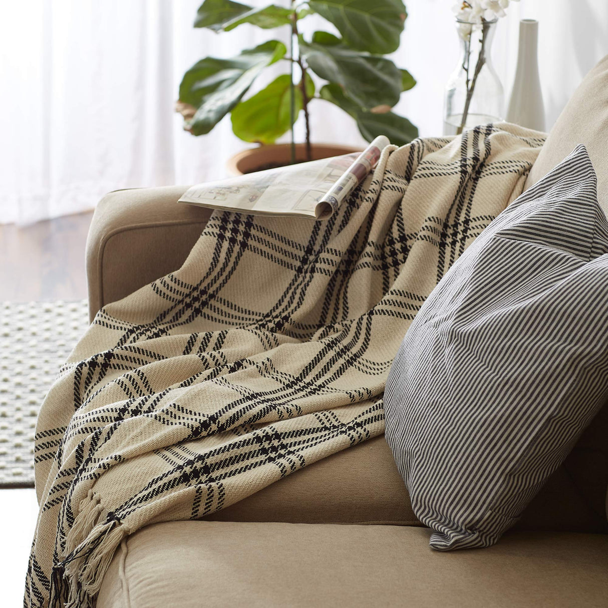 DII Modern Farmhouse Plaid Collection Cotton Fringe Throw Blanket, 50x60, White/Black DII