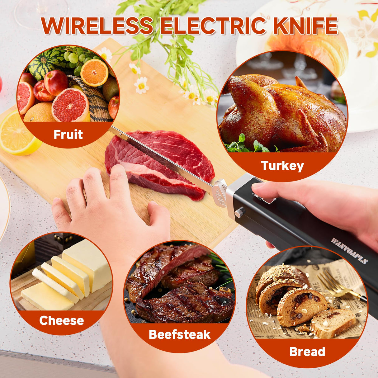 Cordless Electric Knife Set - Rechargeable Carving Knife with Safety Lock, Black Ergonomic Handle with Knives and Forks, for Meat, Bread, Brisket Slicing, Thanksgiving and Christmas Gifts Wanvoapls