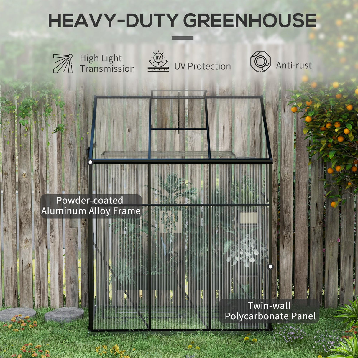 Outsunny 6' x 4' Lean-to Polycarbonate Greenhouse, Walk-in Hobby Green House with Sliding Door, 5-Level Roof Vent, Rain Gutter, Garden Plant Hot House with Aluminum Frame and Foundation, Black Outsunny