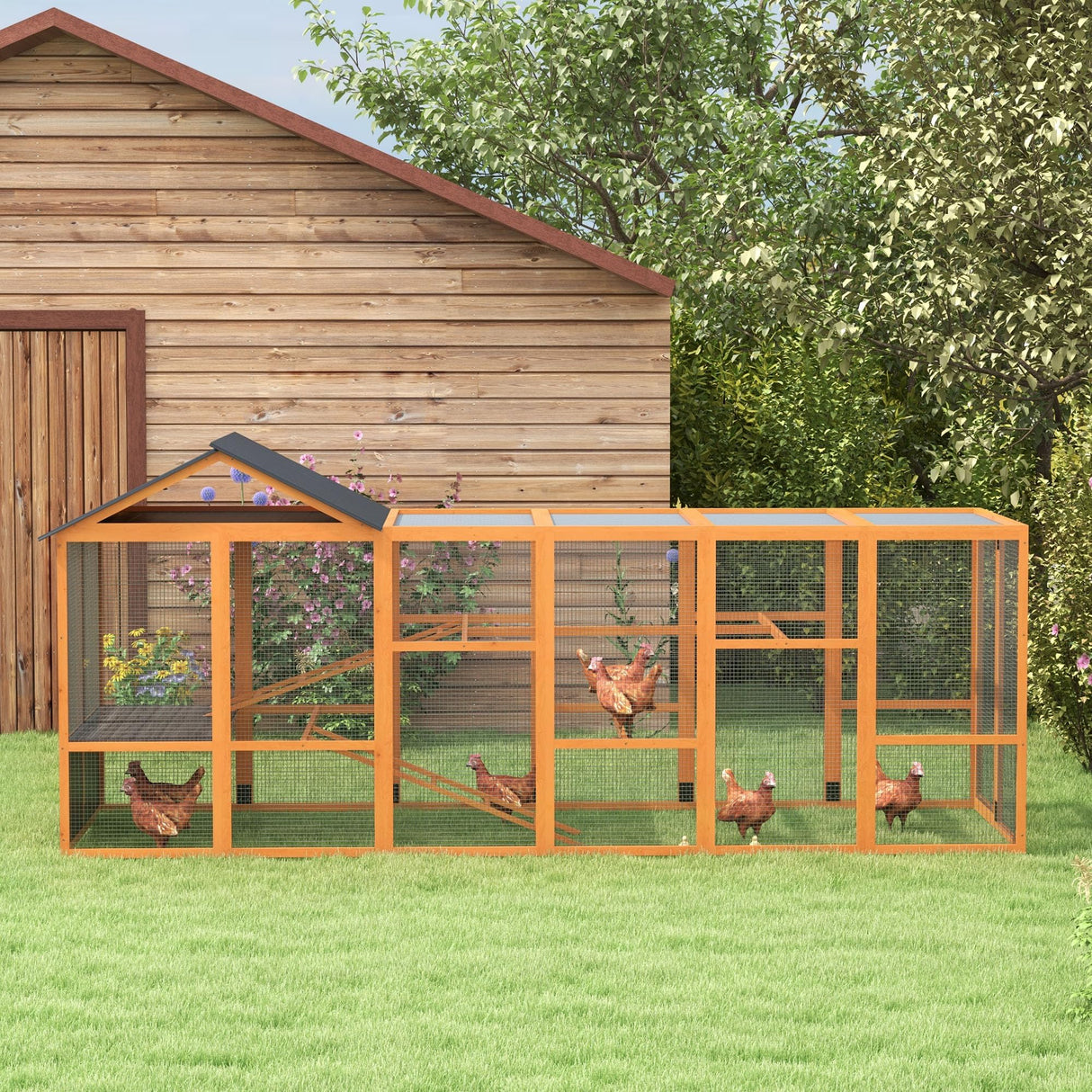 PawHut Wooden Chicken Coop Run for 6-10 Chickens, Hen House Add-On with Storage, Perches, 141.75" x 48" x 61", Orange PawHut