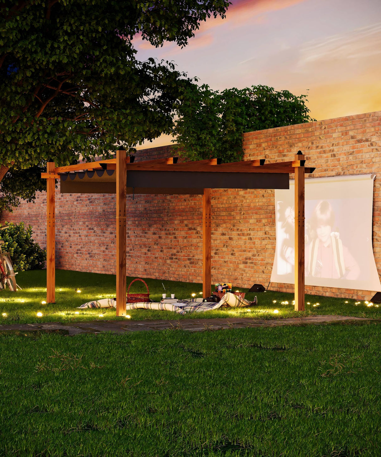 GarveeLife 10 x 13 Ft Wood-Grain Aluminum Pergola Outdoor Pergola with Retractable Canopy Sun Shade Shelter for Garden, Patio, Backyard, Deck - Gray GarveeLife