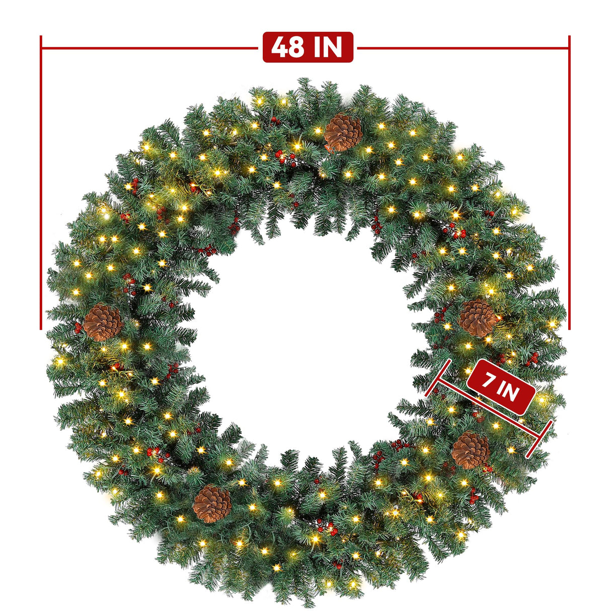 Prelit Christmas Wreath 48 Inches Large Outdoor Christmas Wreath 162 Warm White LED Lights, Artificial Lighted Christmas Wreath Winter Wreath with 460 PVC Tips Vivid Pine Cones and Berry Clusters Abbrevi