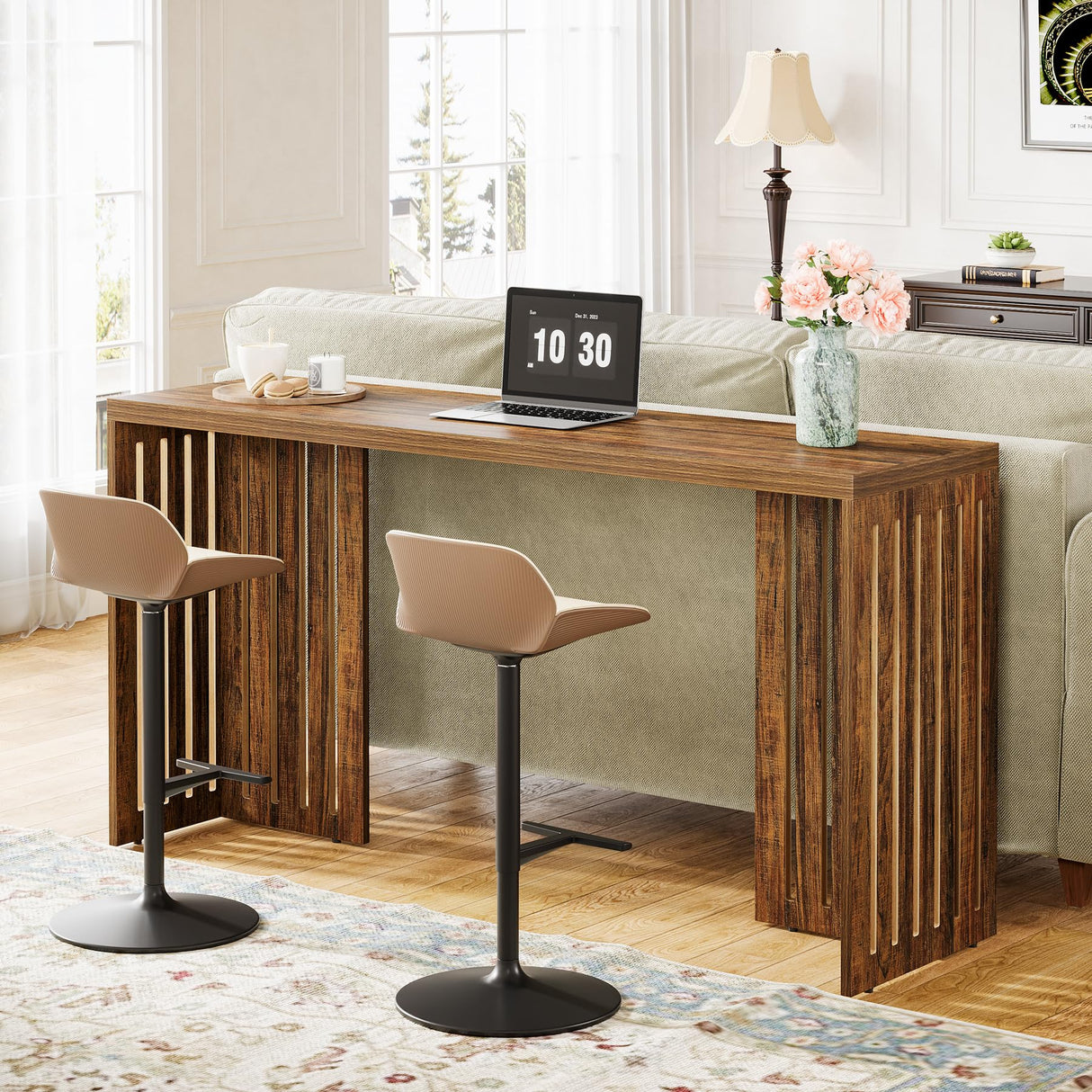 Tribesigns Bar Table, 63-Inch Counter Height Pub Table, Industrial Bar Height Table, Rectangular High Top Kitchen & Dining Counter Tables with Louvered Base for Narrow Space, Rustic Brown Tribesigns