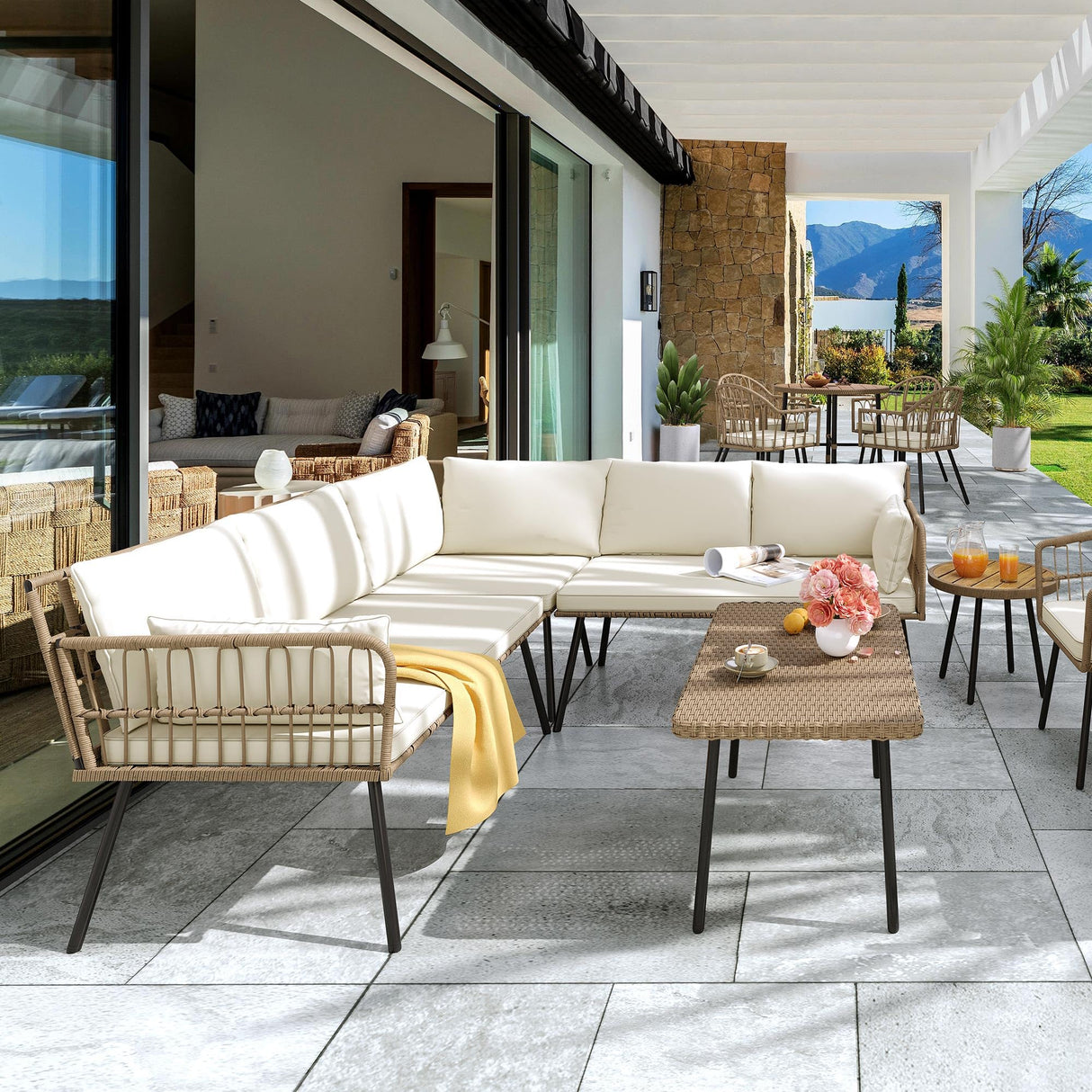 YITAHOME 4 Pieces Patio Furniture Set with 5 Seater Outdoor Sectional with Thickness Cushions and Side Table Boho Patio Conversation Set Outdoor Furniture Set for Backyard Porch Balcony YITAHOME