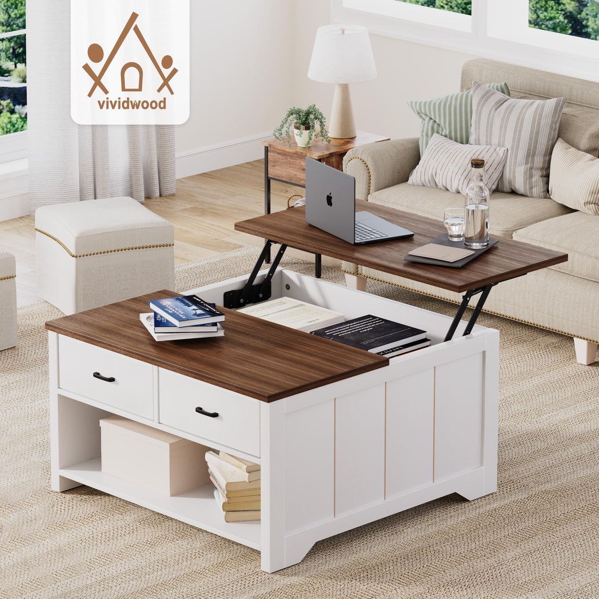 Vividwood Coffee Table Lift Top, Wood Tea Table with Big Open Storage, Square Coffee Tables for Living Room, Farmhouse Coffe Tables Rustic Center Table with 2 Drawers, Coffe White Vividwood