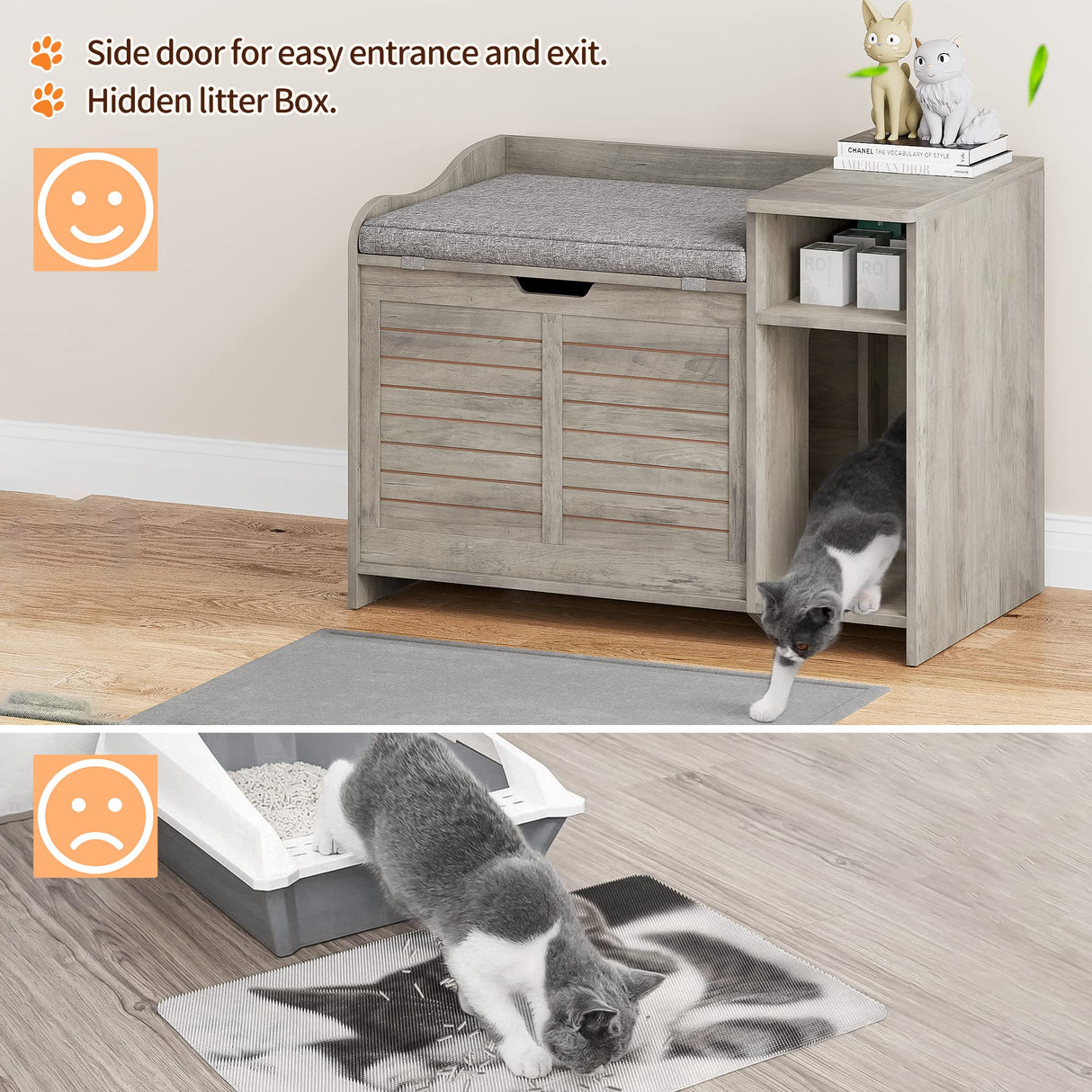 TROPOW Cat Litter Box Enclosure Furniture with Top Opening and Cushion, Hidden Litter Box Cabinet with Storage, Privacy Cat Box Enclosure, Grey TROPOW